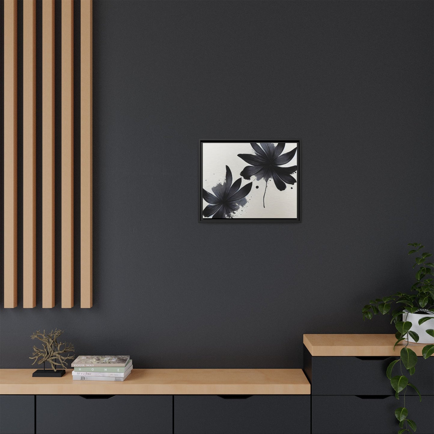 Framed Black Floral Matte Canvas Wall Art — Monochrome Botanical Print