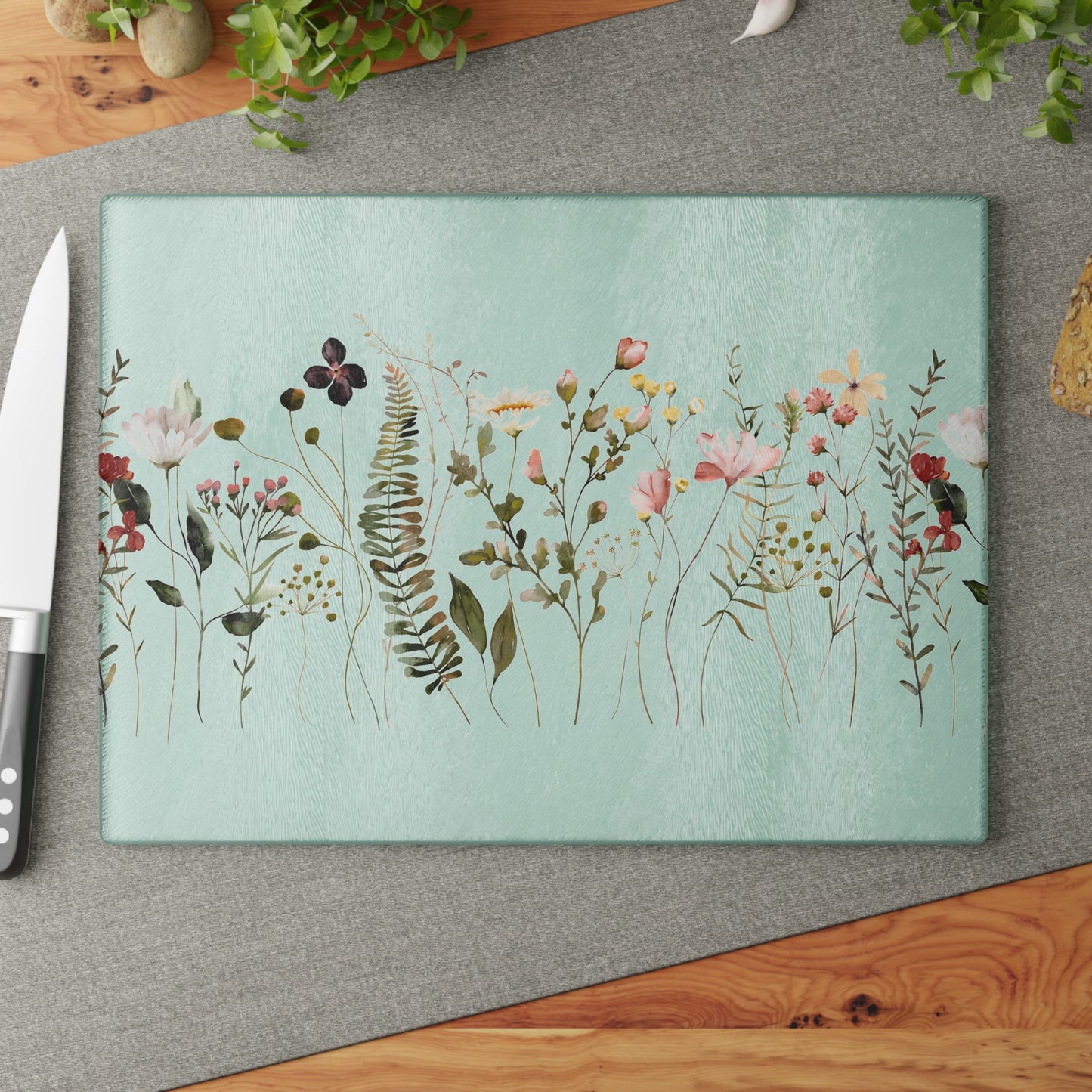Floral Meadow Glass Cutting Board — Mint Wildflower Kitchen Prep Board