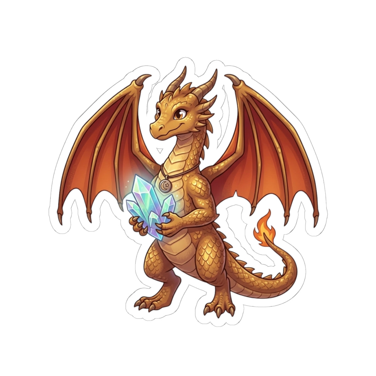 Golden Dragon Sticker — Cute Fantasy Dragon Holding Crystal Kiss-Cut Vinyl Sticker