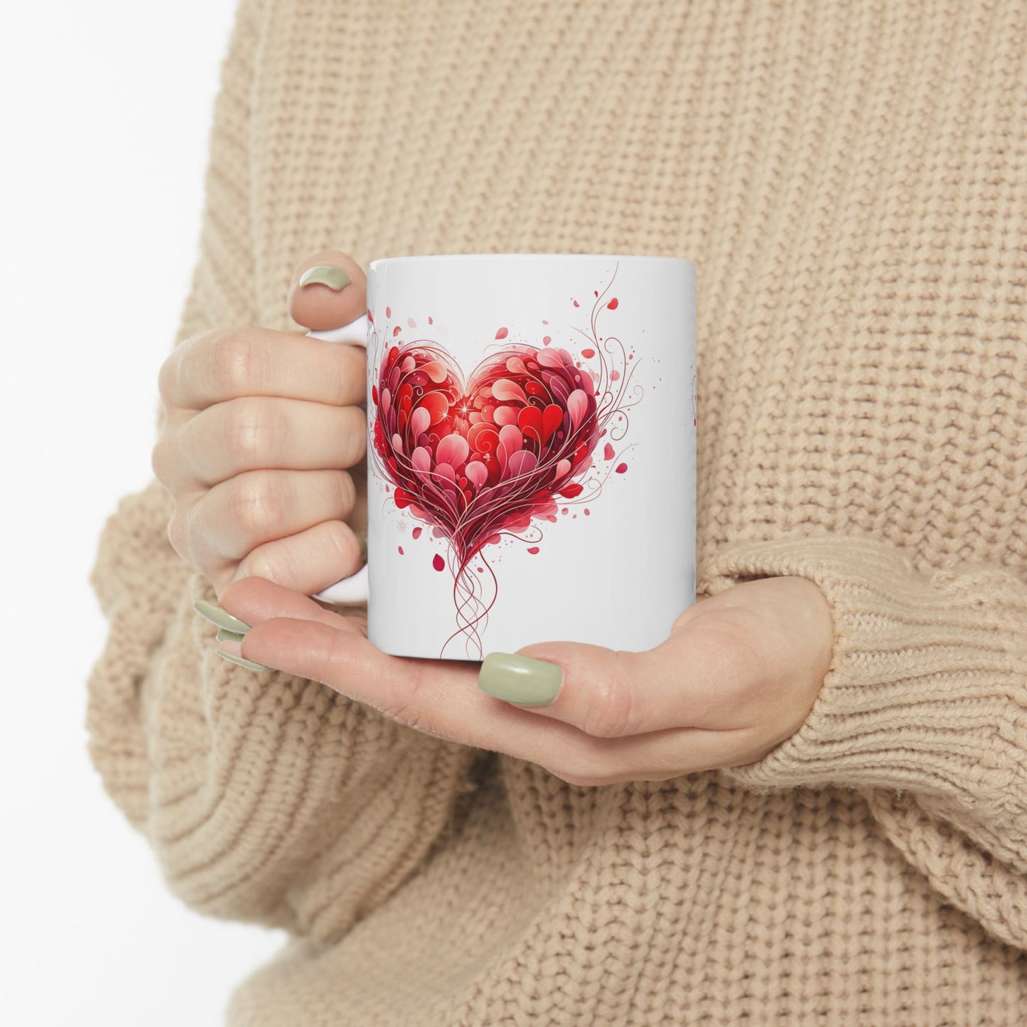 Heart Blossom Ceramic Mug — Red Floral Heart Coffee Cup (11oz, 15oz)