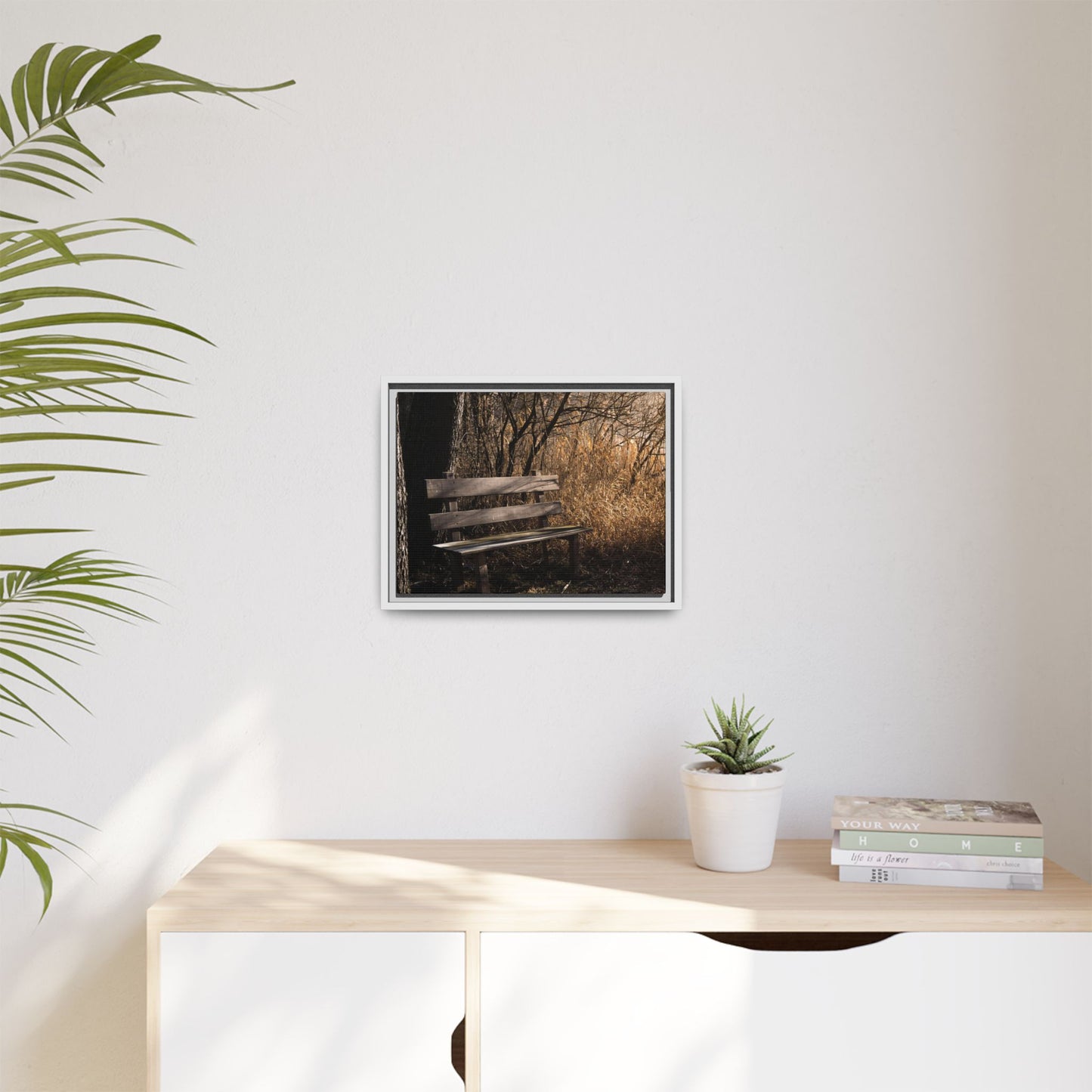 Framed Matte Canvas Print — Autumn Park Bench Photography