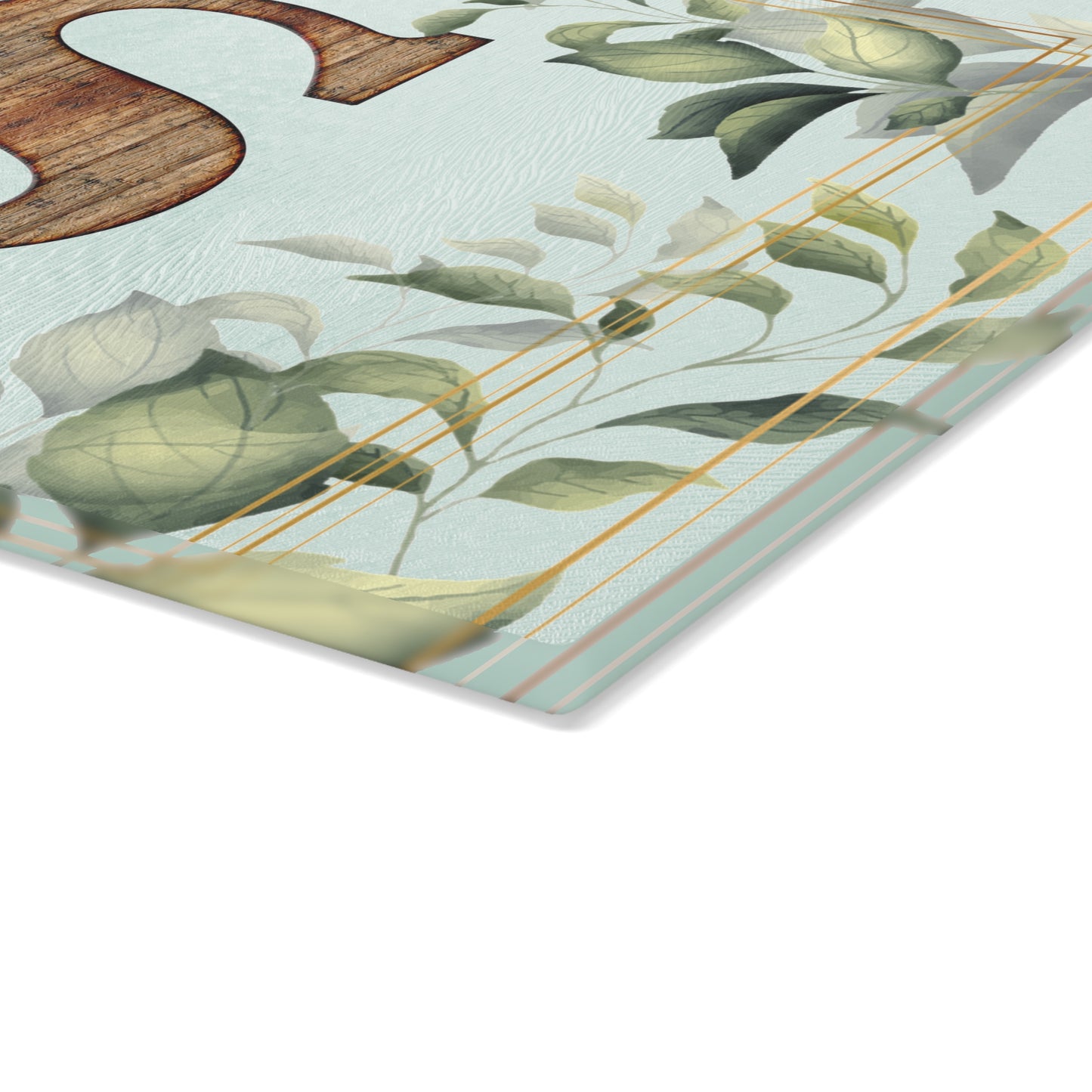 Monogram S Glass Cutting Board — Rustic Wood Initial with Greenery