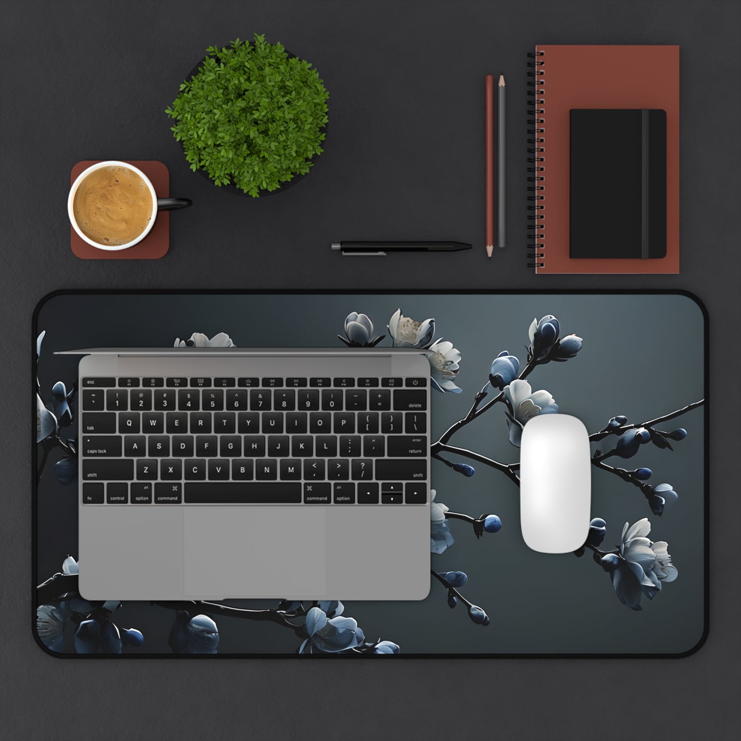 Floral Branch Desk Mat — Dark Blue Cherry Blossom Mouse Pad