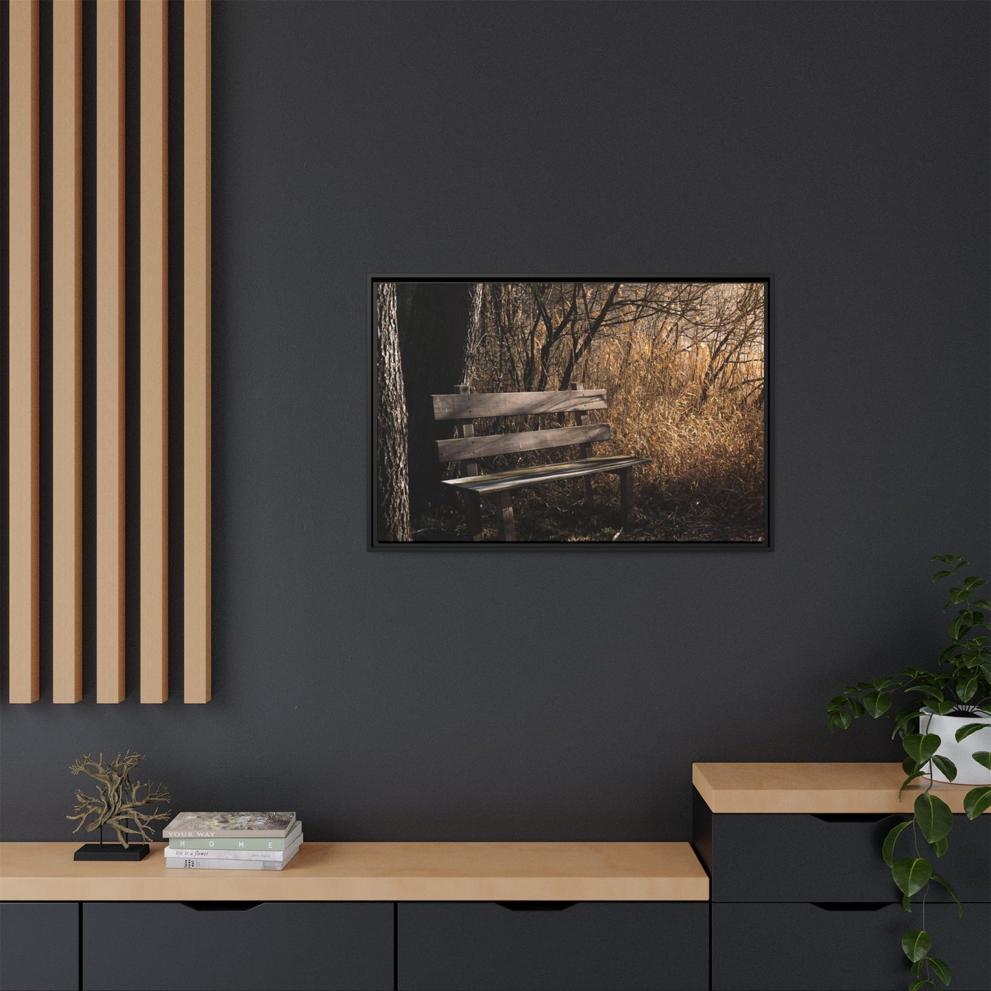 Framed Matte Canvas Print — Autumn Park Bench Photography