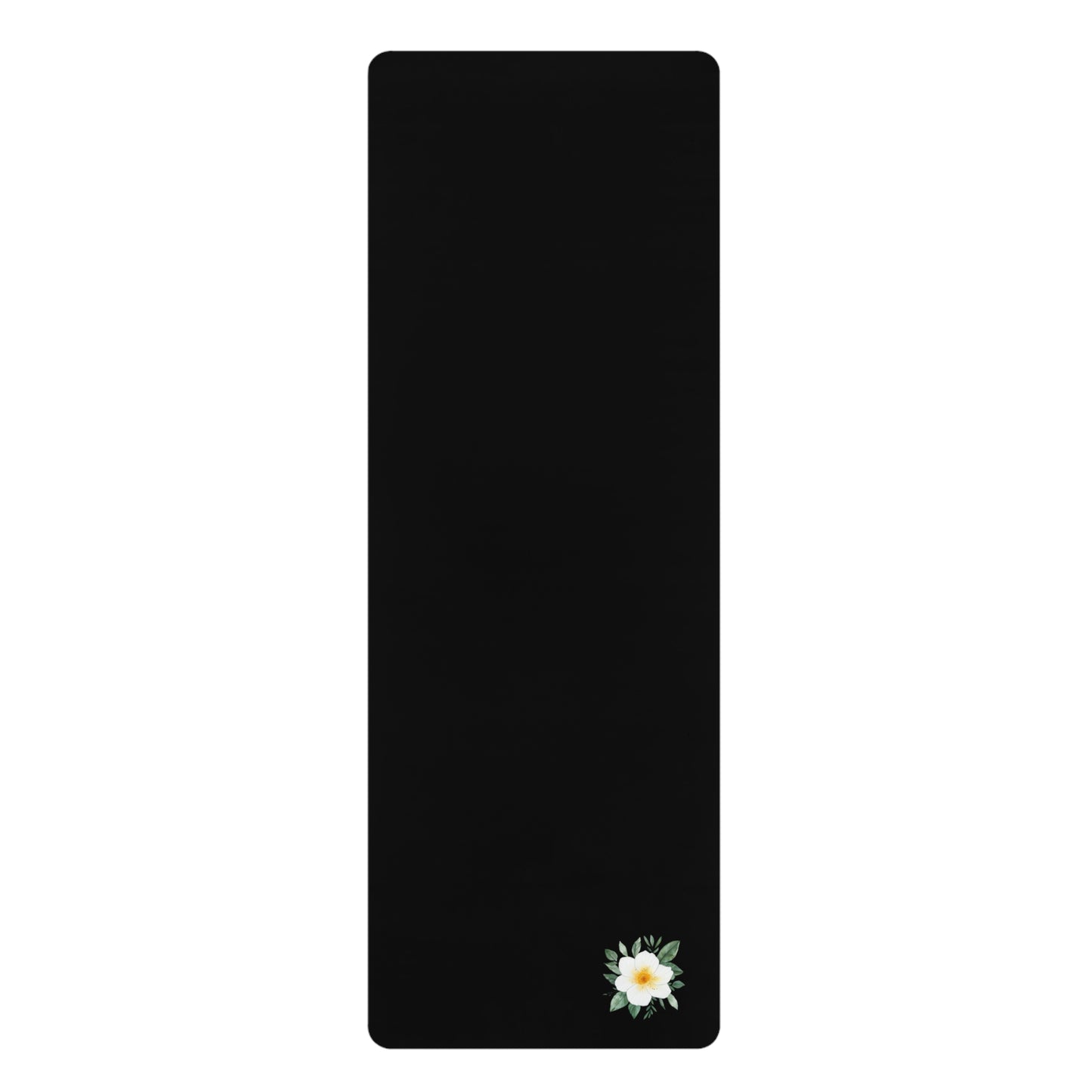 Black Rubber Yoga Mat with Minimal White Daisy Corner - Non-Slip Floral Fitness Mat