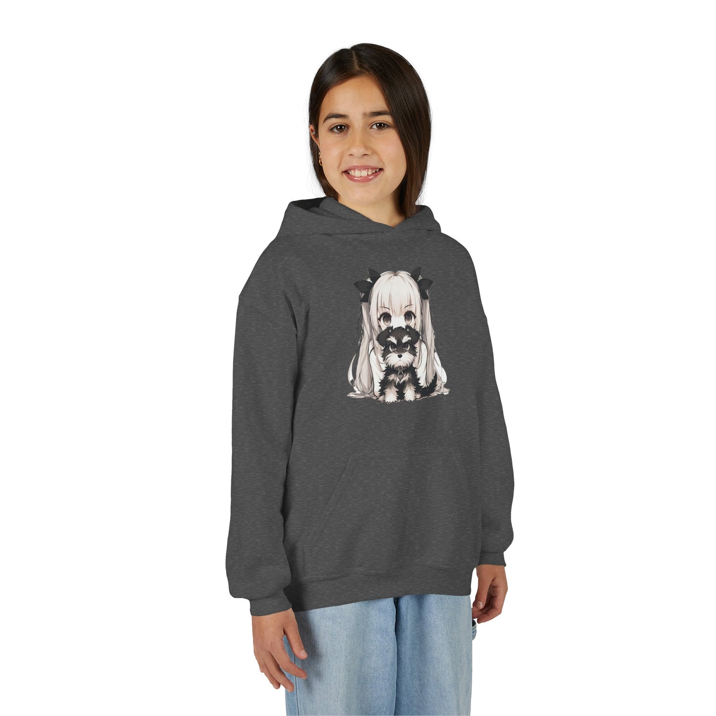 Cute Anime Girl & Puppy Youth Hoodie — Kawaii Kids Pullover for Anime Fans