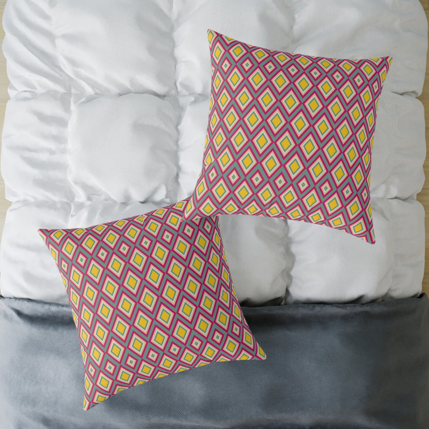 Geometric Retro Diamond Throw Pillow — Pink & Mustard Accent Cushion