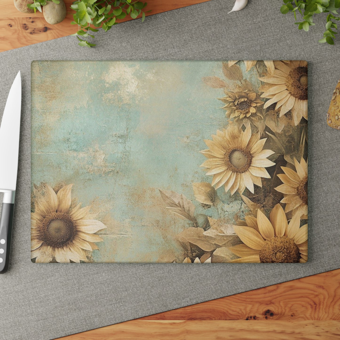 Sunflower Glass Cutting Board, Decorative Kitchen Gift, Farmhouse Decor, Wedding Gift, Sunflower Art, Cooking Tools