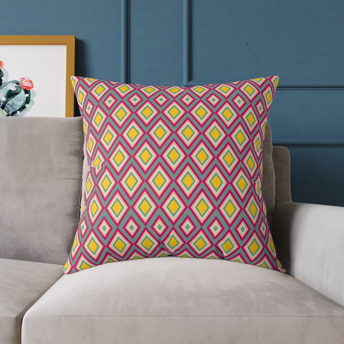 Geometric Retro Diamond Throw Pillow — Pink & Mustard Accent Cushion