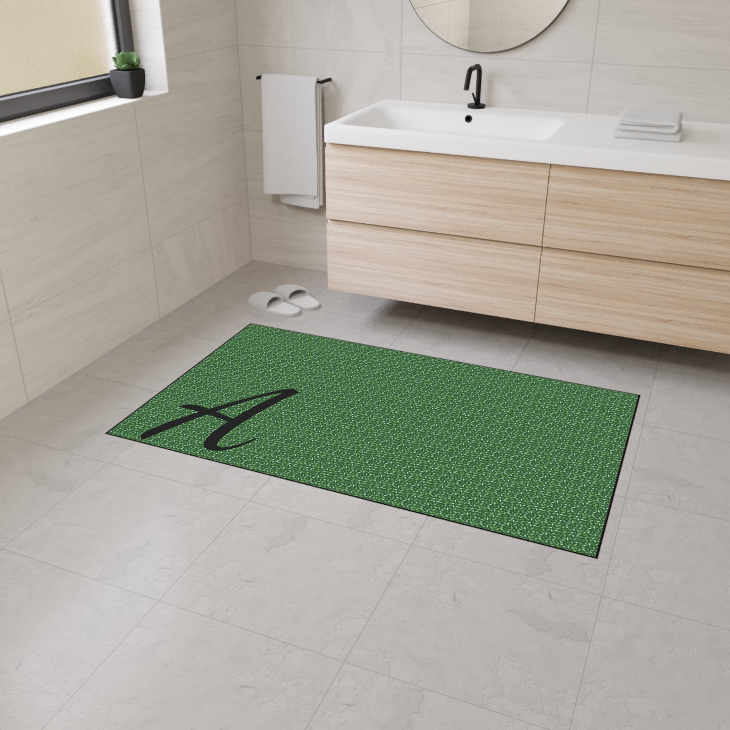 Monogram Heavy-Duty Floor Mat — Green Textured Doormat with Script "A"