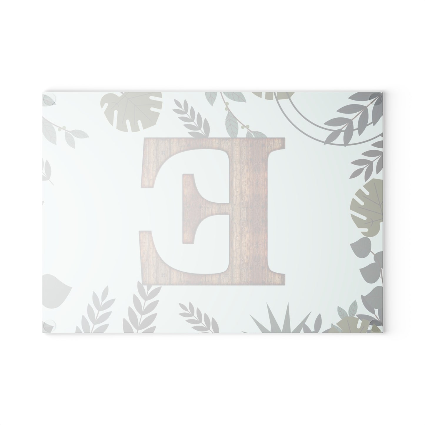 Monogram Glass Cutting Board — Rustic Wood ‘E’ with Tropical Leaf Border