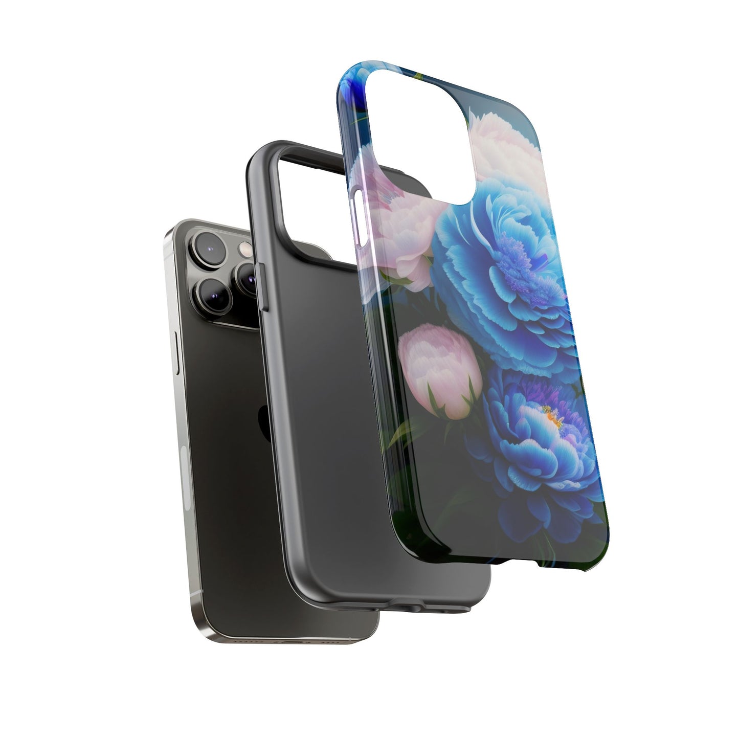 Floral Blue Peony Phone Case — Protective Tough Case with Pink & Blue Blooms