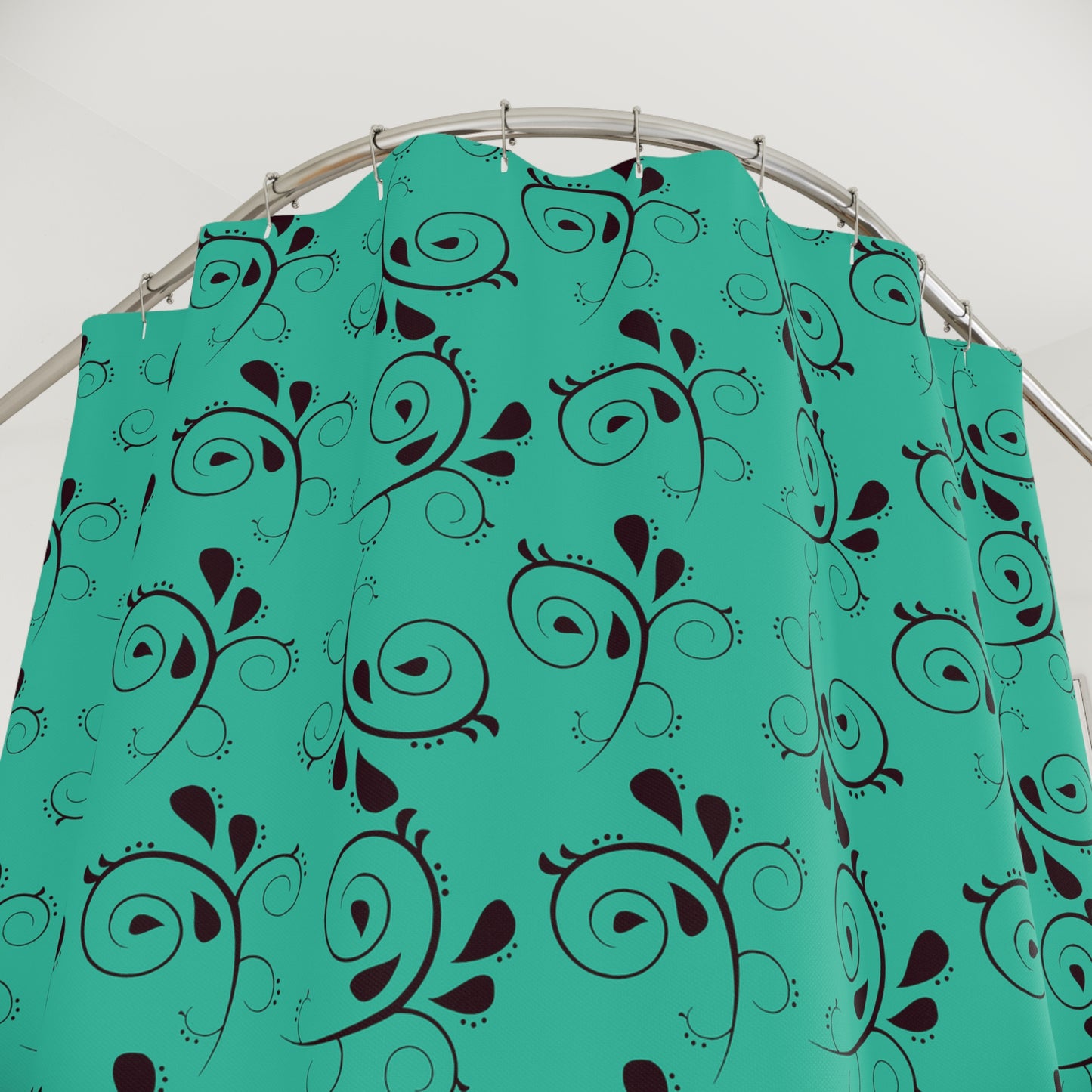 Teal Swirl Floral Shower Curtain – Elegant Black Vine Pattern Bathroom Décor