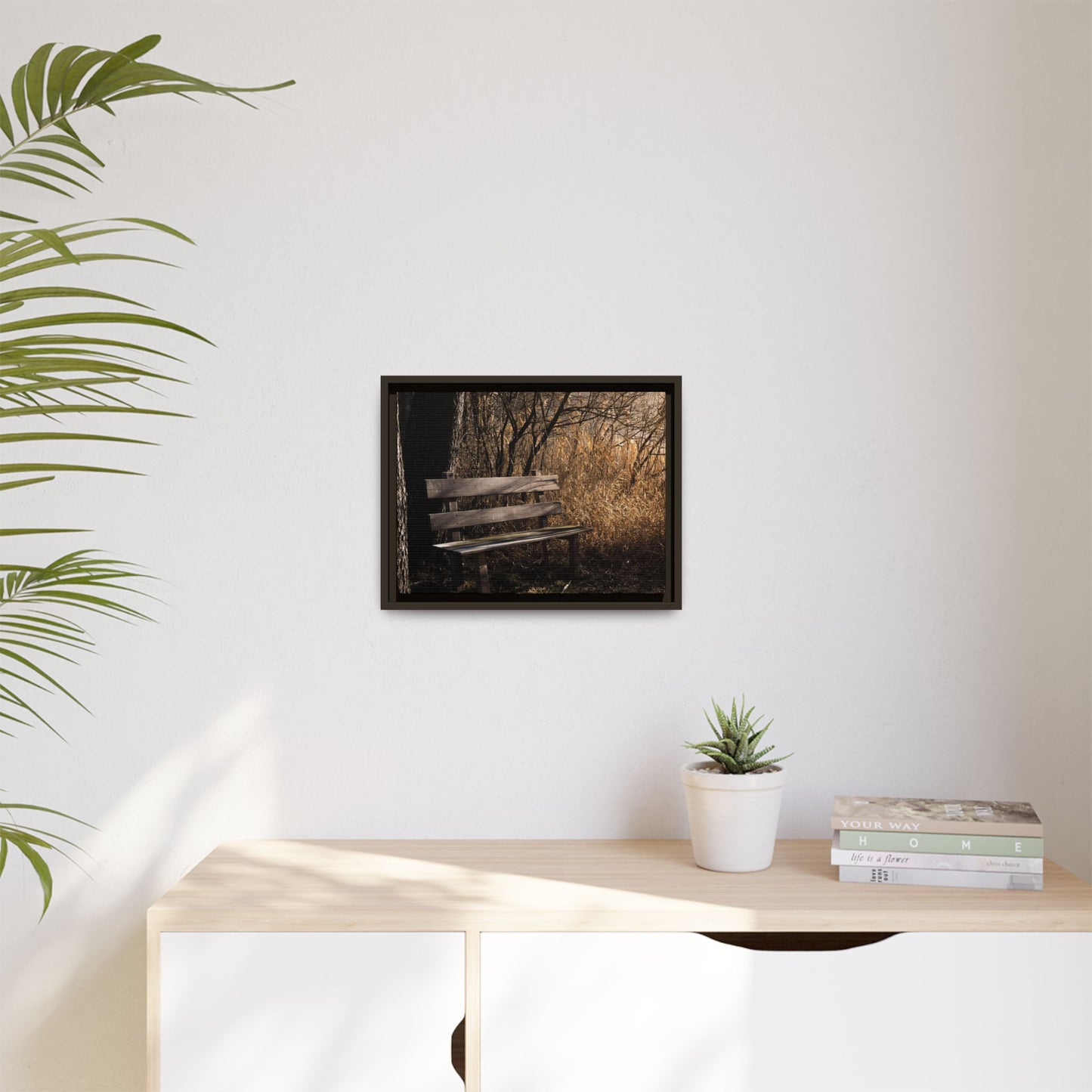 Framed Matte Canvas Print — Autumn Park Bench Photography