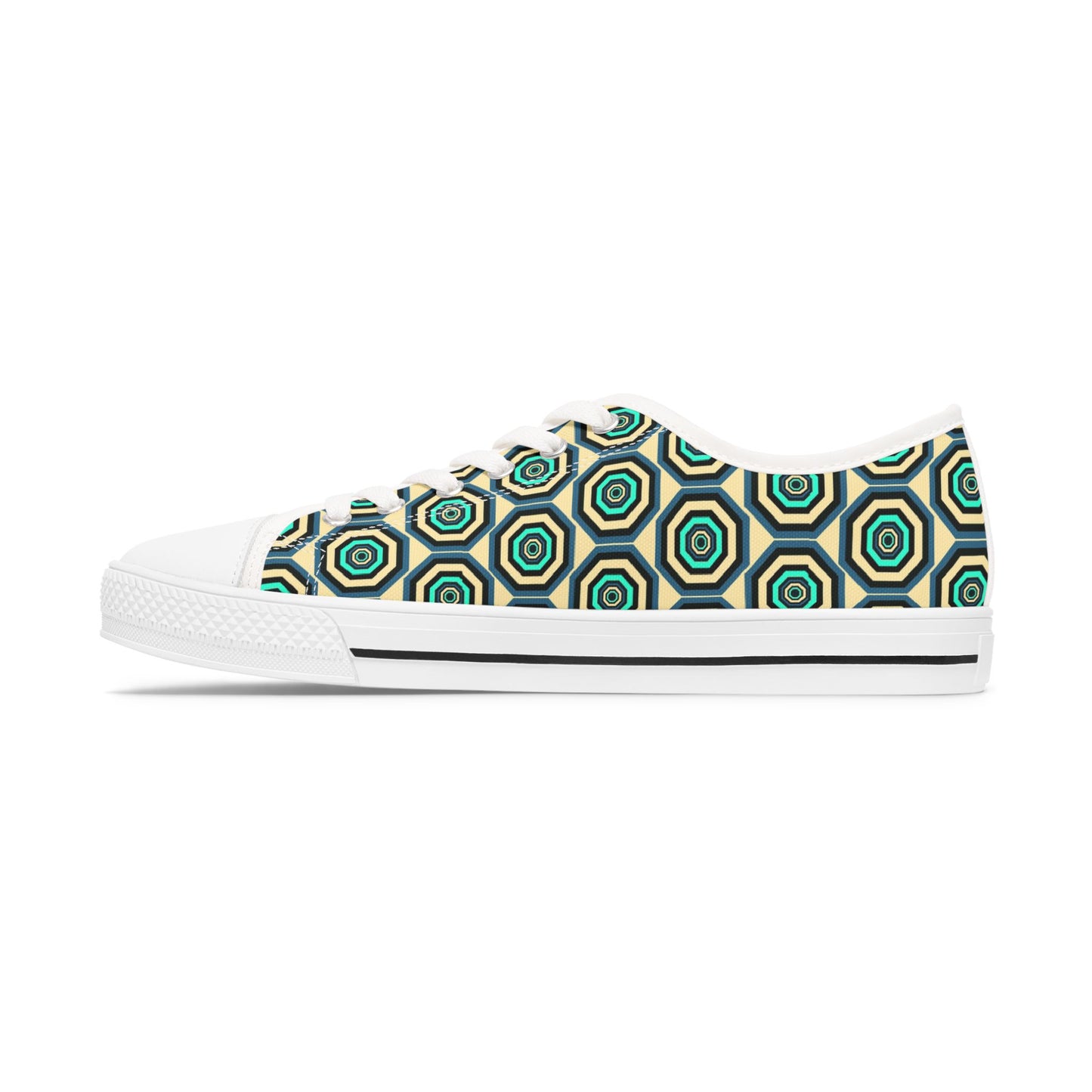 Geometric Retro Hexagon Women's Low Top Sneakers — Green Teal Patterned Canvas Shoes