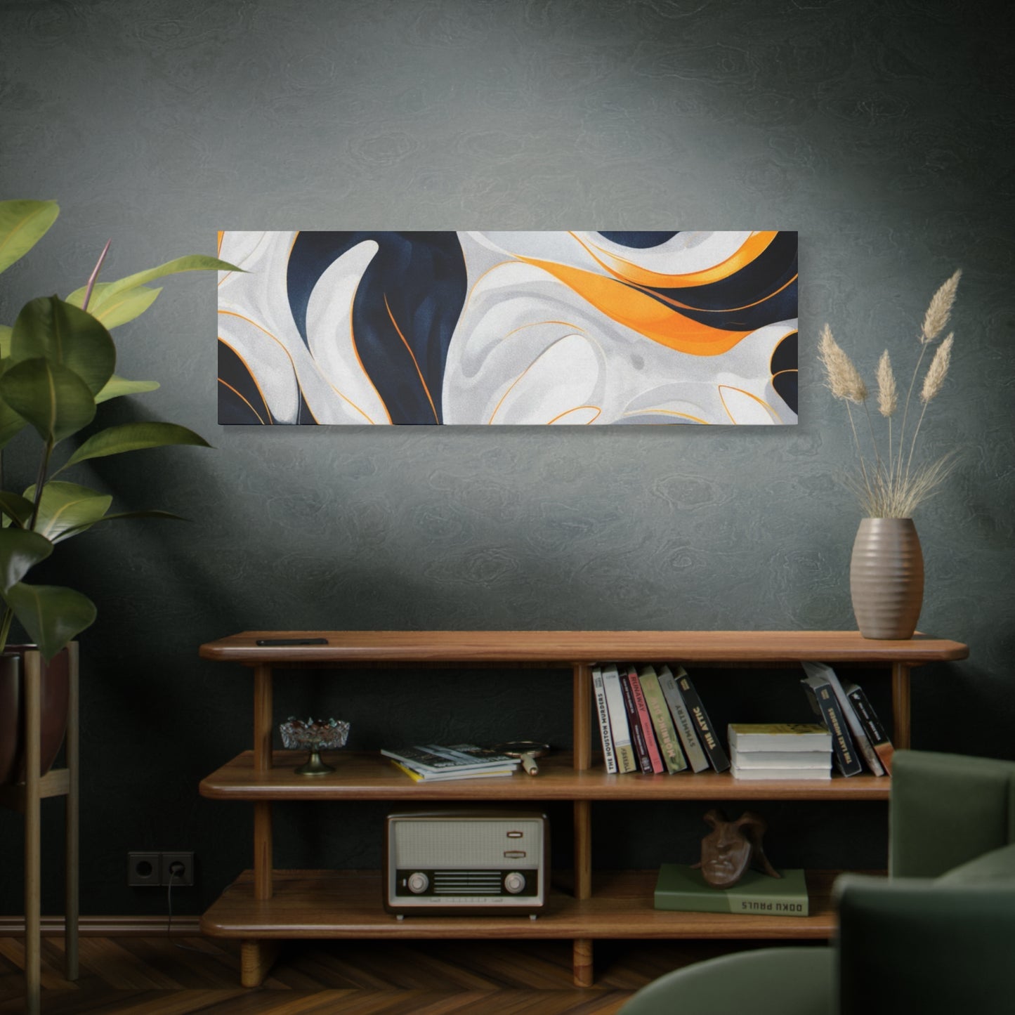 Abstract Fluid Art Matte Canvas Print — Navy, Gold & White Stretched Wall Art