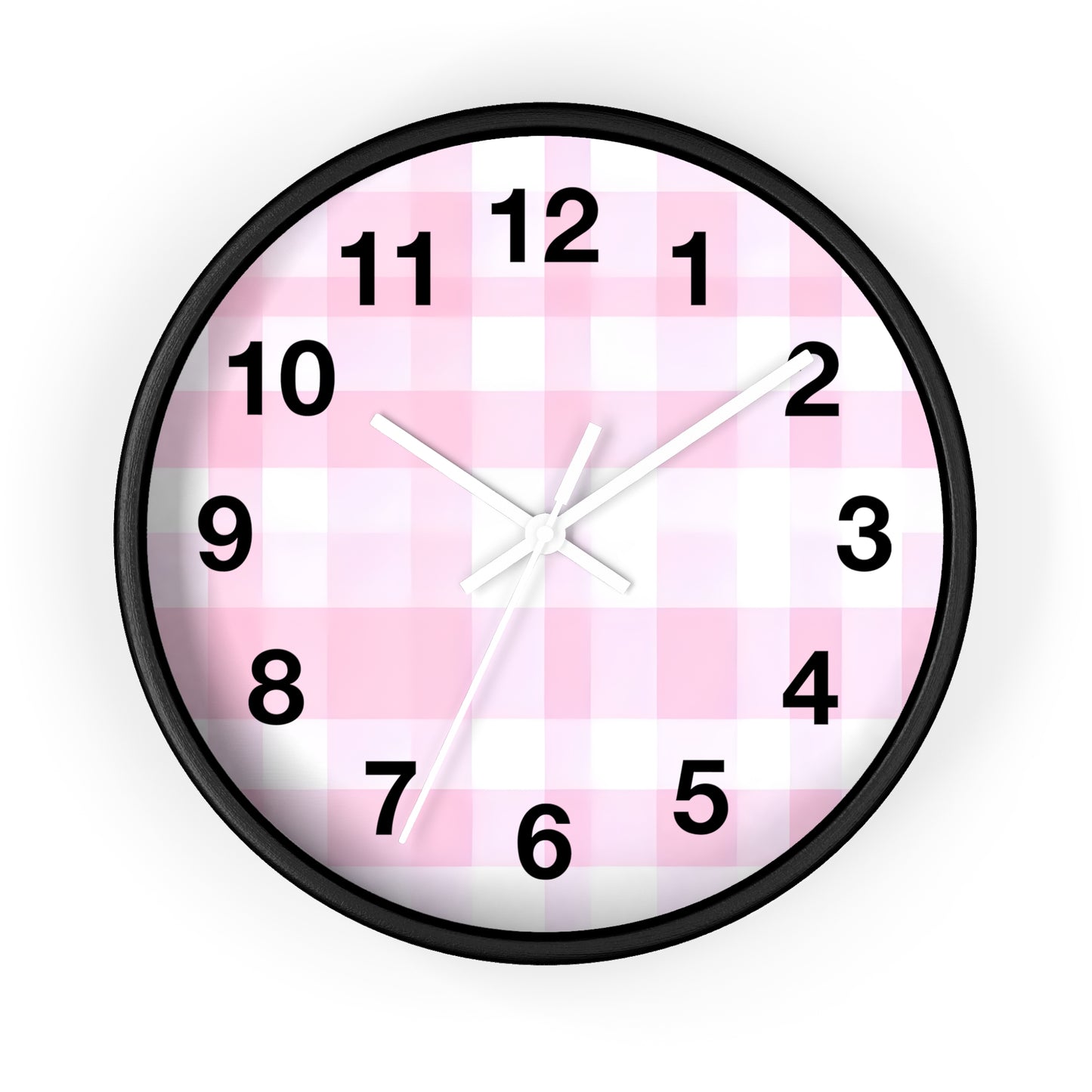Pink Gingham Wall Clock — Cute Check Pattern Clock for Nursery & Kitchen