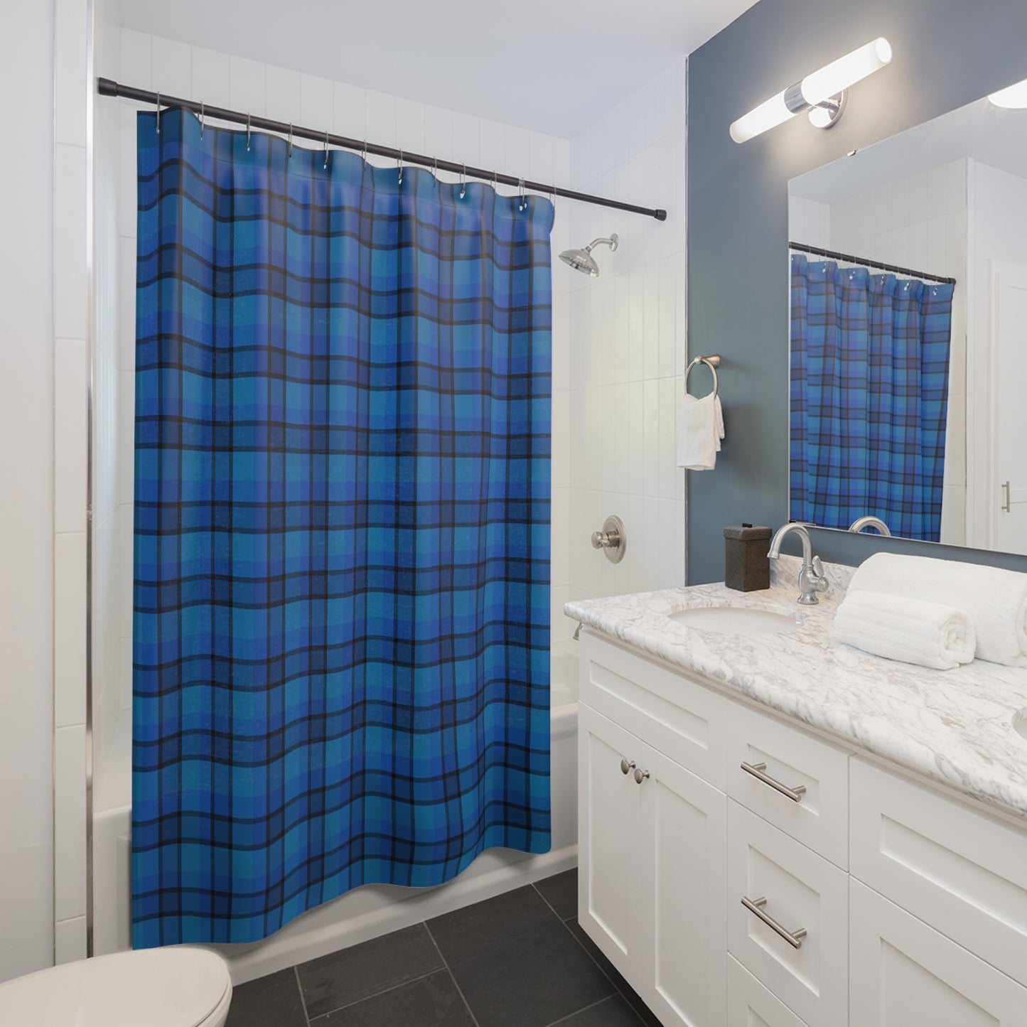 Navy & Teal Plaid Shower Curtain — Classic Tartan Bathroom Decor