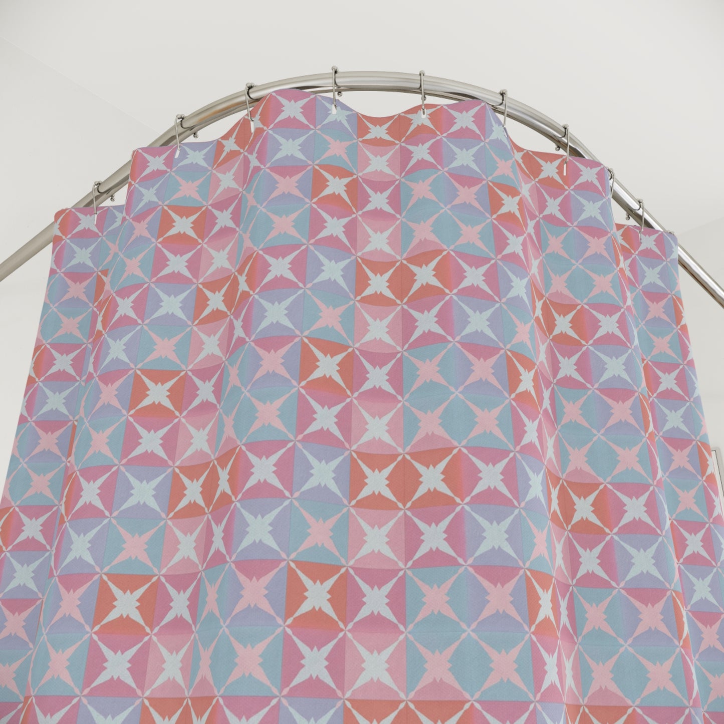 Geometric Pastel Shower Curtain — Retro Tile Pattern in Pink & Blue