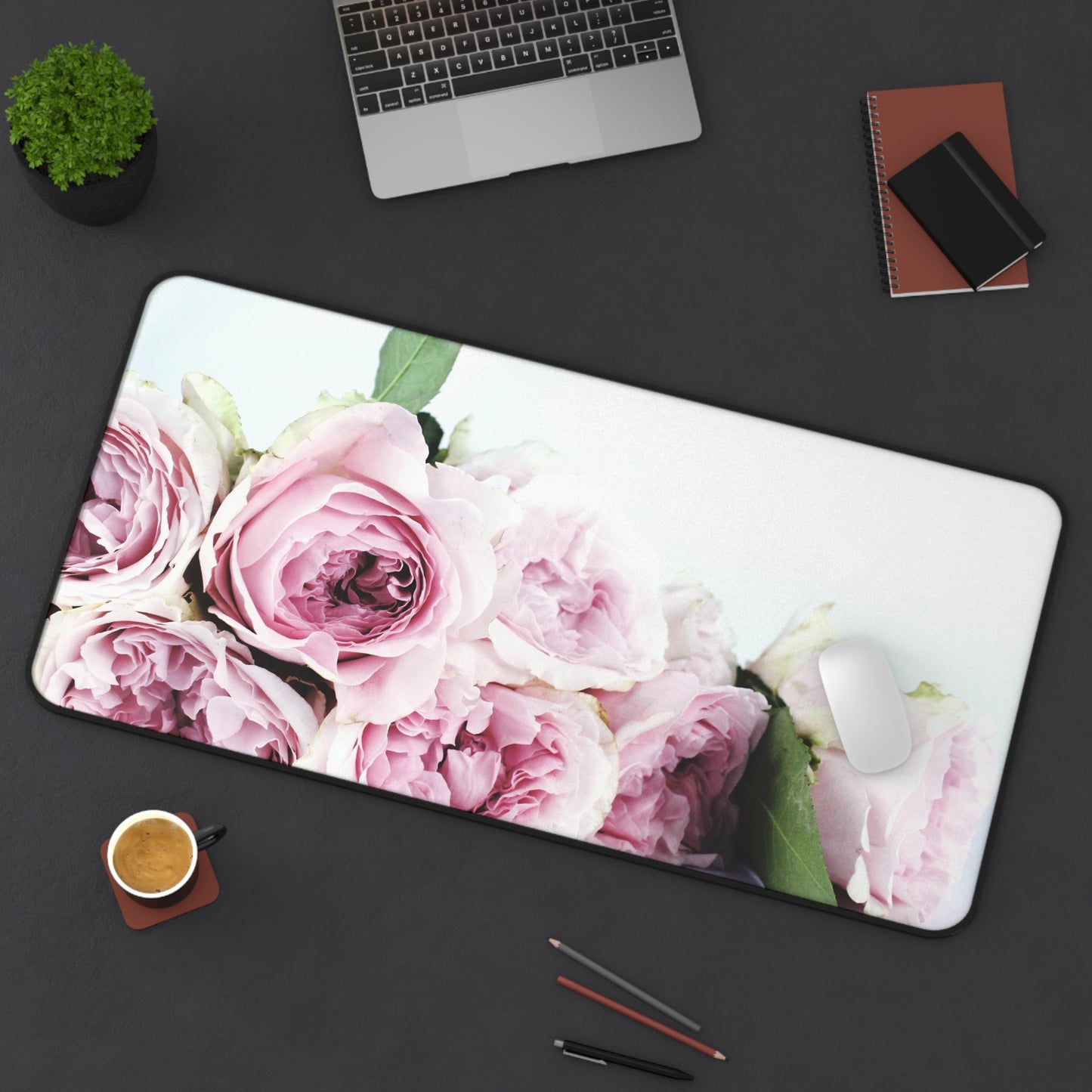 Floral Rose Desk Mat — Pink Peony Bouquet Mouse Pad for Office & Home