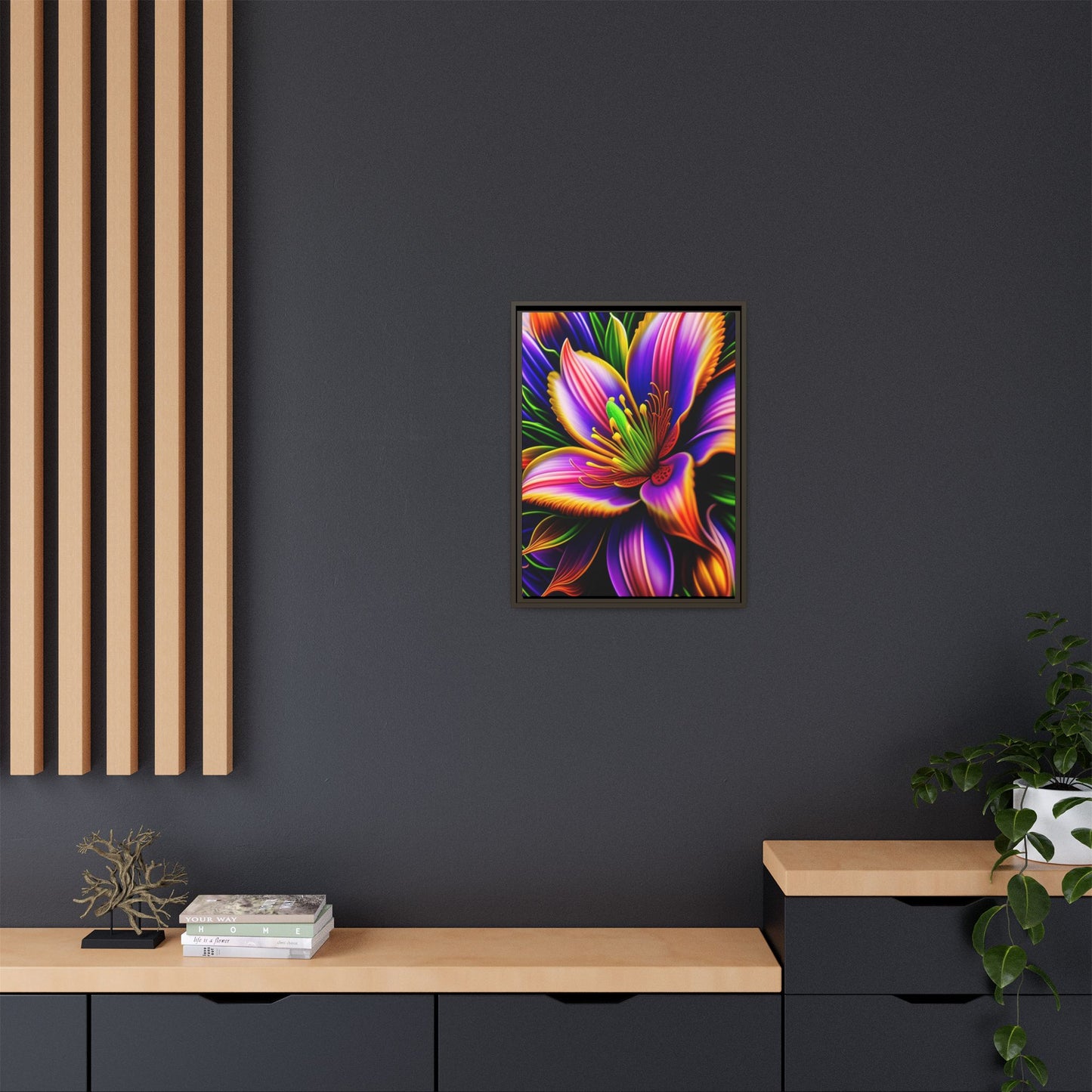 Vibrant Neon Floral Matte Canvas Print — Framed Wall Art