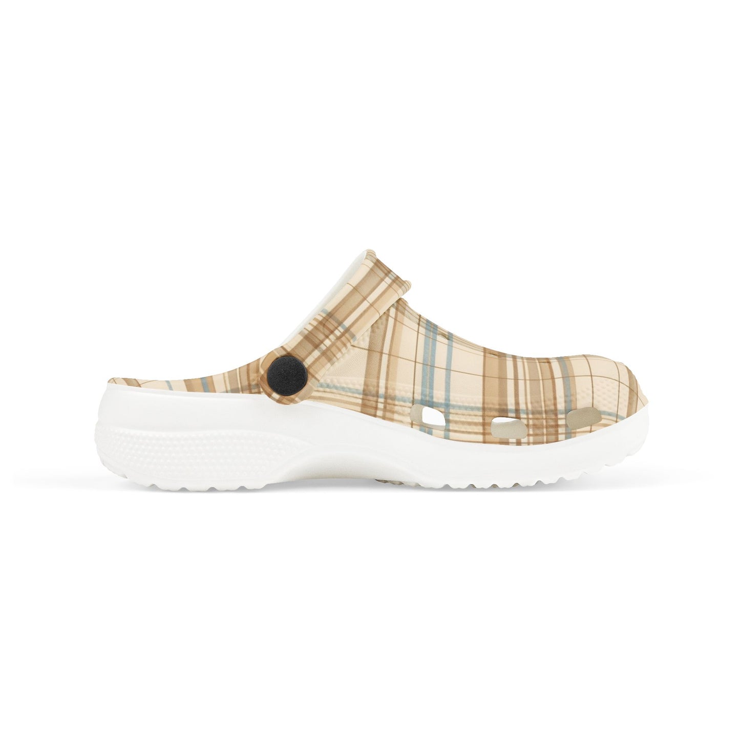 Kids Plaid Foam Clogs — Beige Blue Plaid Slip-On Sandals for Children