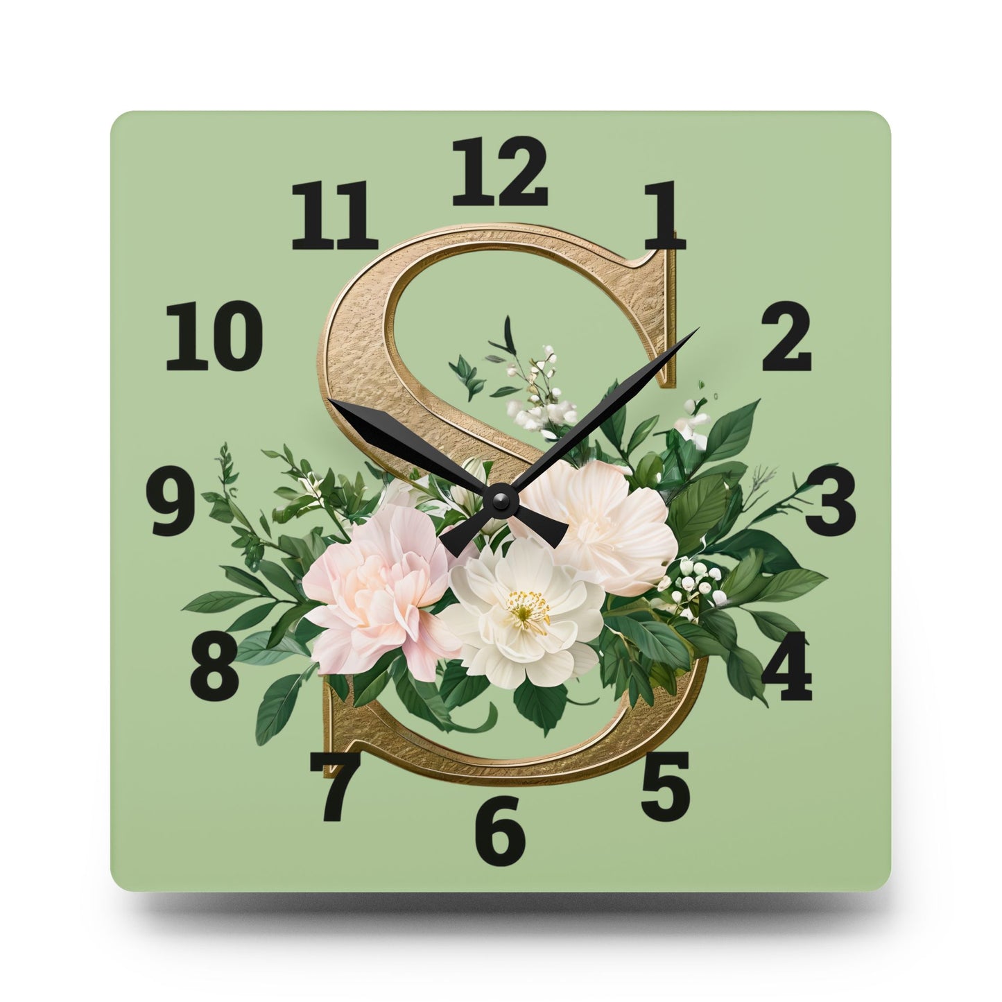 Floral Initial Acrylic Wall Clock, Elegant Home Décor - Letter S