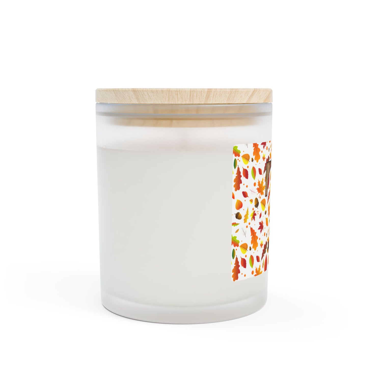 Autumn Leaves Monogram Candle — Frosted 11oz Soy Candle with Wood 'T' Initial