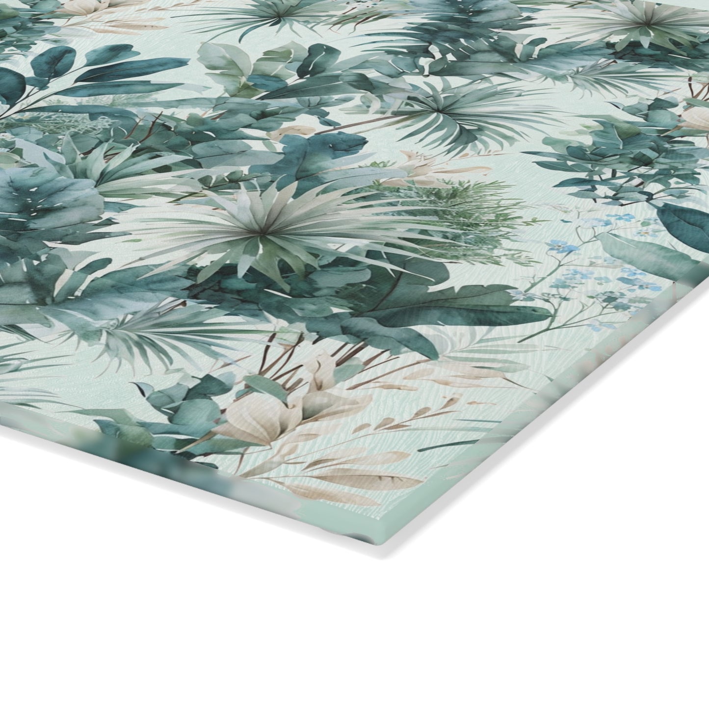Botanical Glass Cutting Board - Teal Tropical Palm Pattern