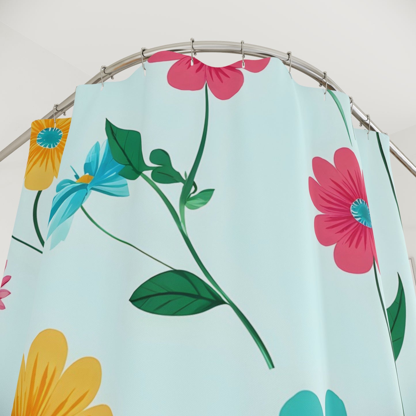 Floral Garden Shower Curtain — Bright Retro Flowers on Sky Blue