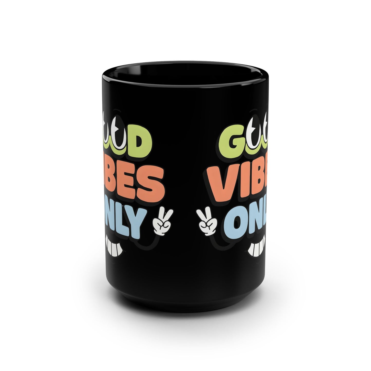 Good Vibes Only Black 15oz Mug — Retro Peace Sign Coffee Cup
