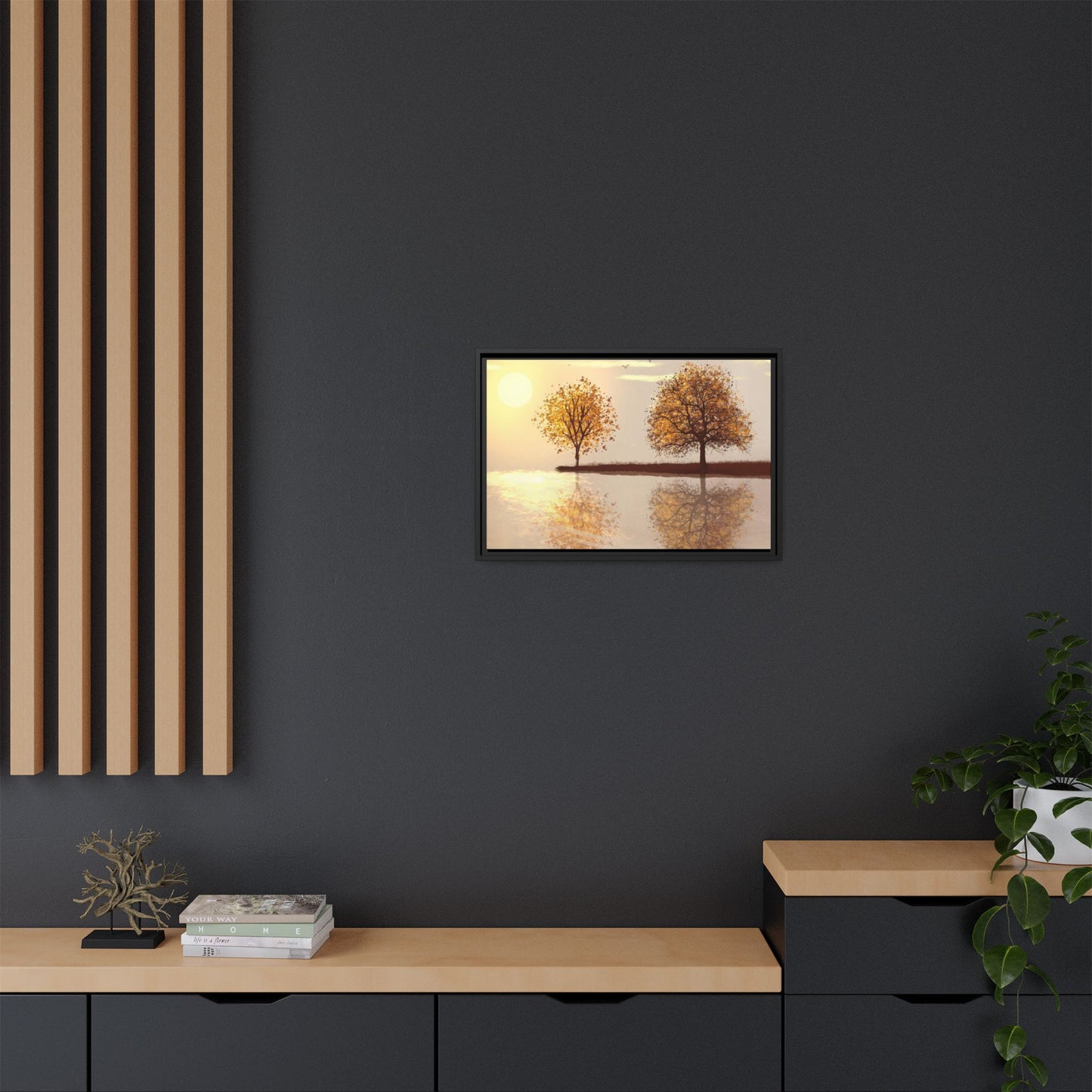 Framed Matte Canvas Wall Art — Golden Autumn Trees Reflection
