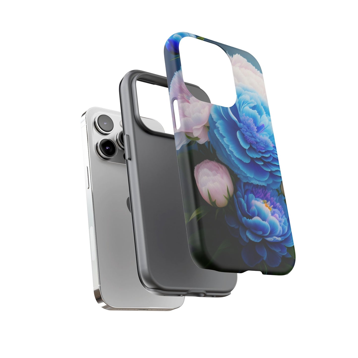 Floral Blue Peony Phone Case — Protective Tough Case with Pink & Blue Blooms
