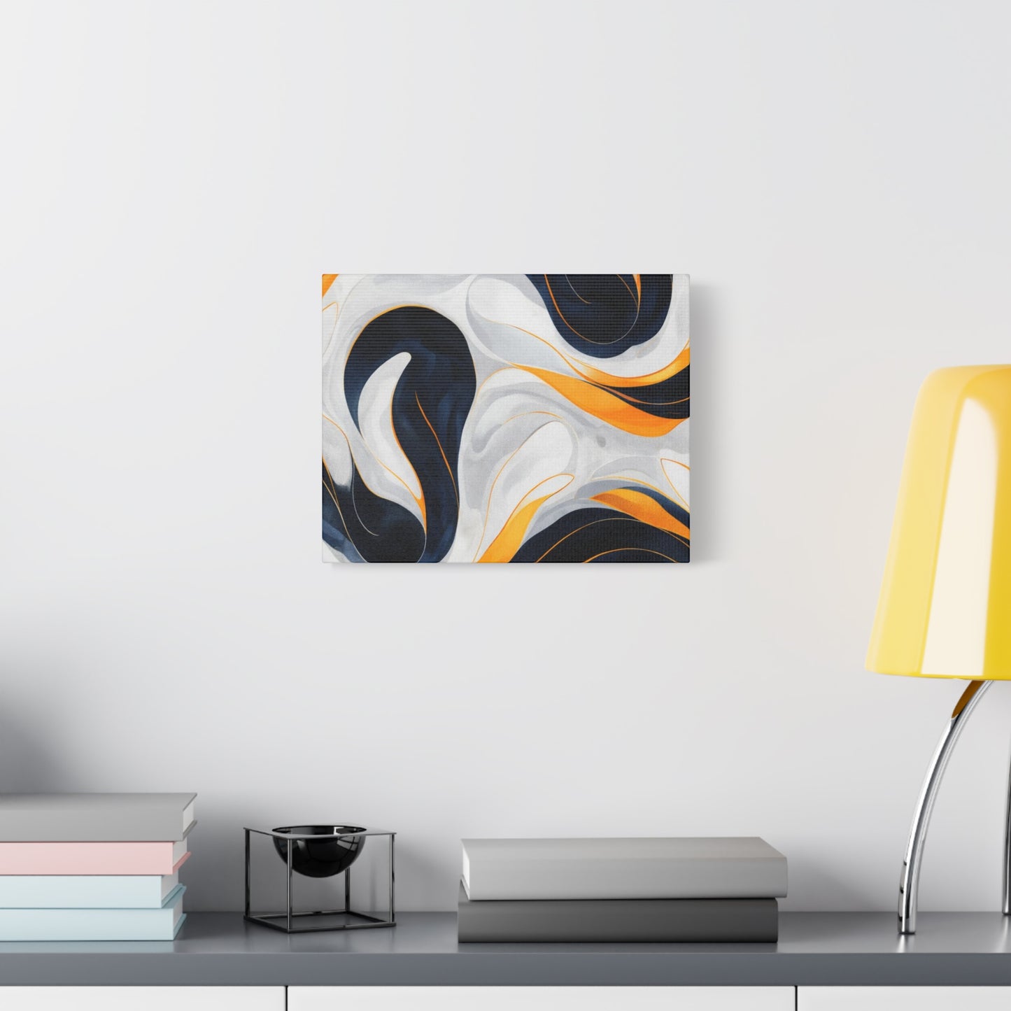 Abstract Fluid Art Matte Canvas Print — Navy, Gold & White Stretched Wall Art