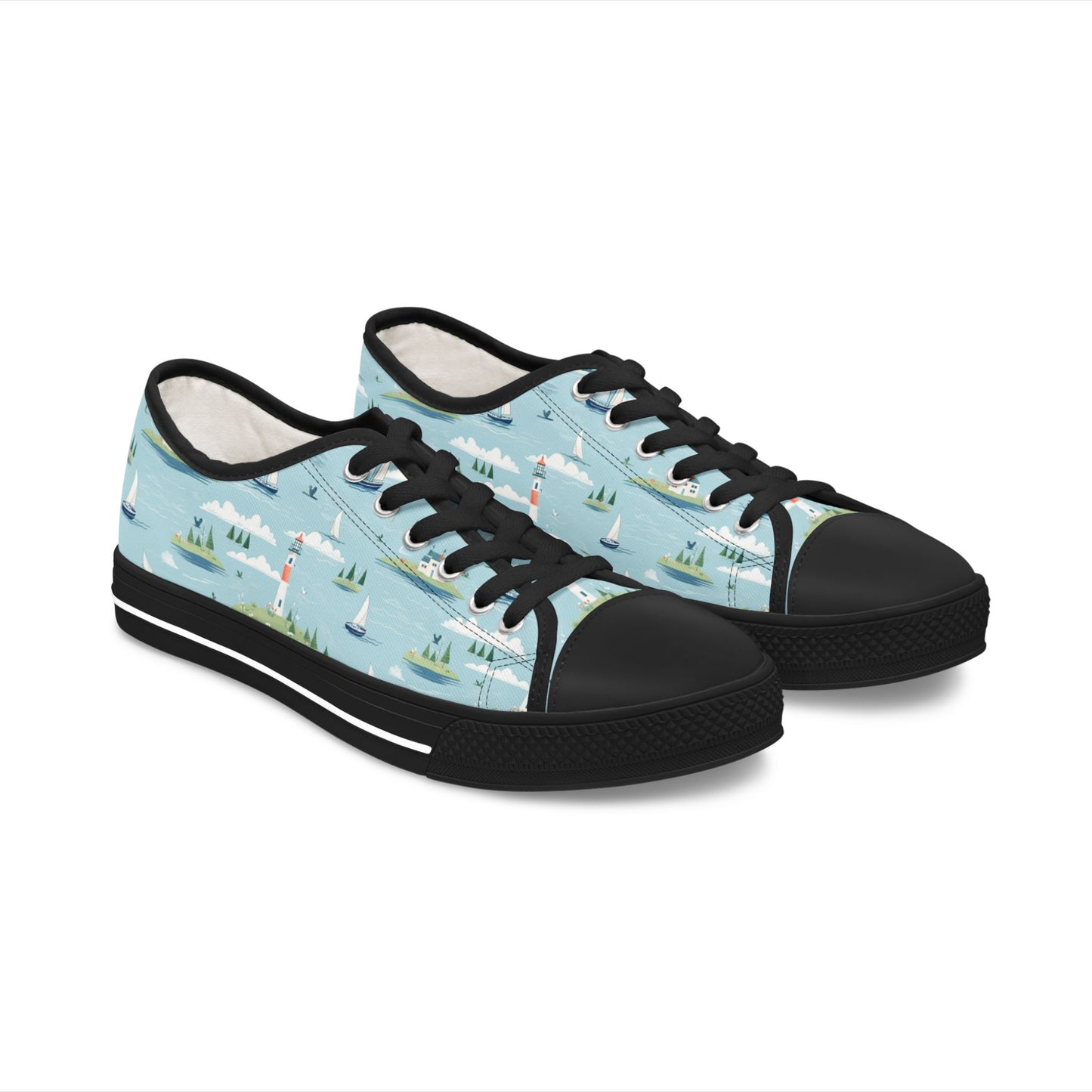 Low Top Sneakers — Nautical Lighthouse Pattern, Cute Coastal Women’s Casual Shoes