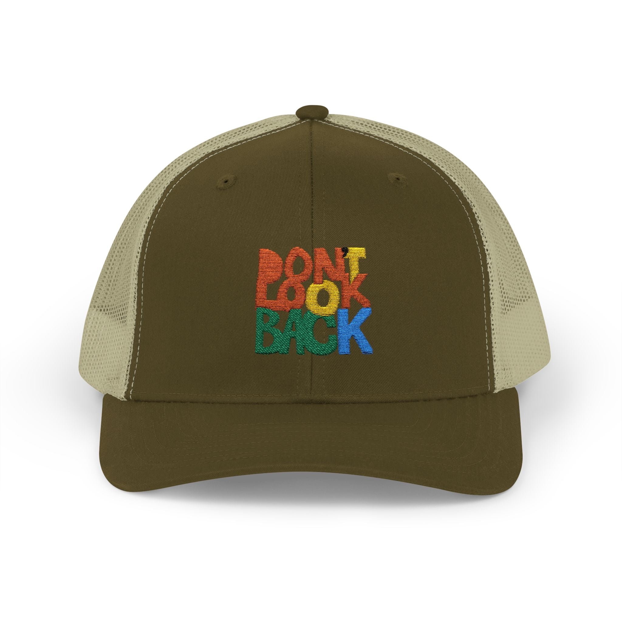 Don’t Look Back Snapback Trucker Cap — Retro Rainbow Embroidered Hat
