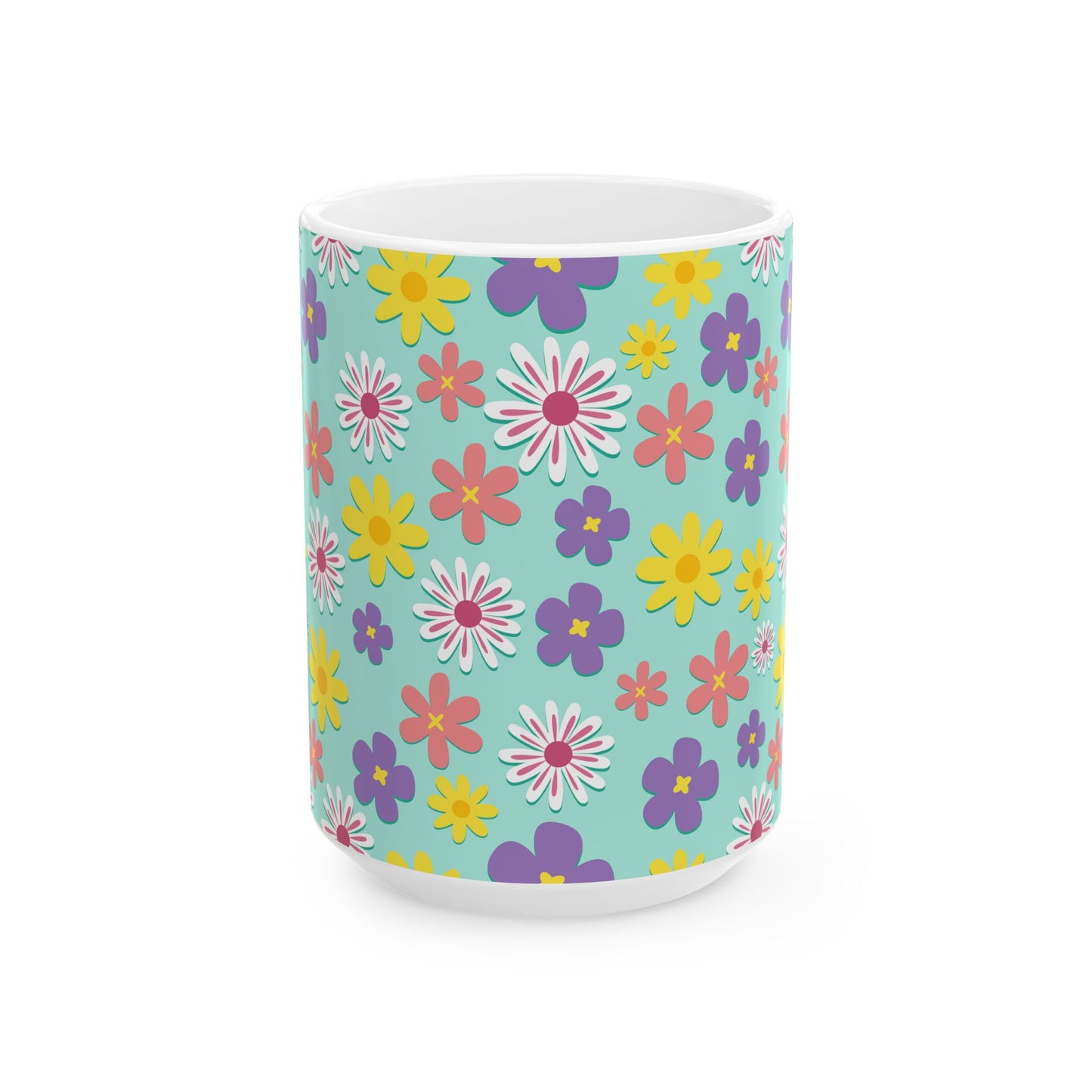Turquoise Floral Pattern Mug — Colorful Daisy Coffee Cup (11oz & 15oz)