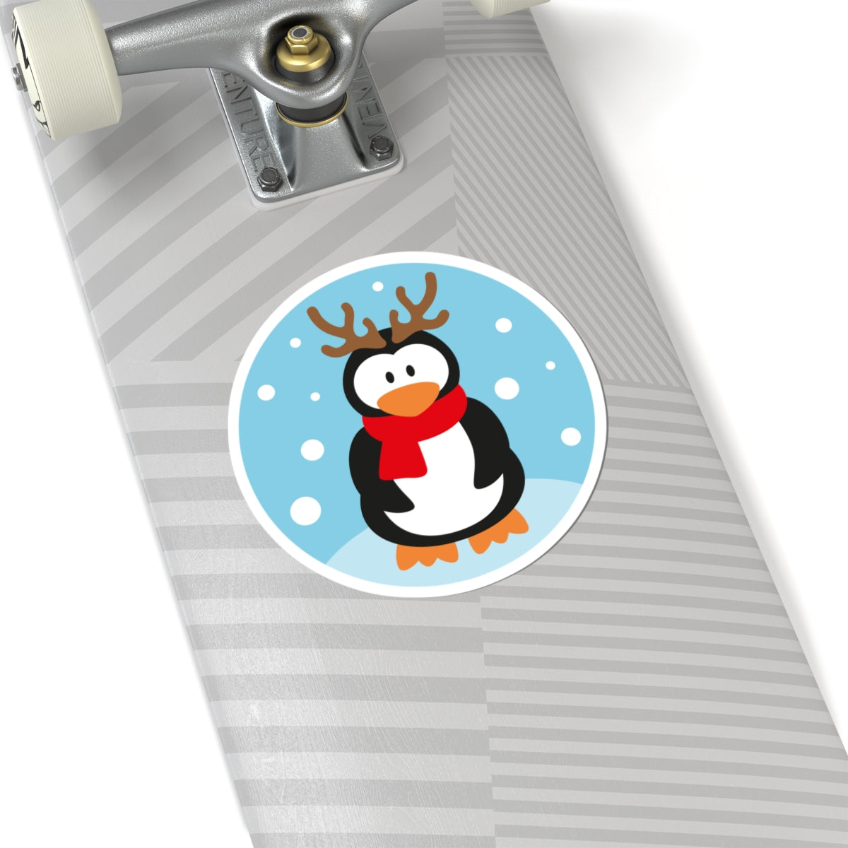 Penguin with Antlers Kiss-Cut Sticker — Cute Holiday Penguin Sticker (Red Scarf, Snowflakes)