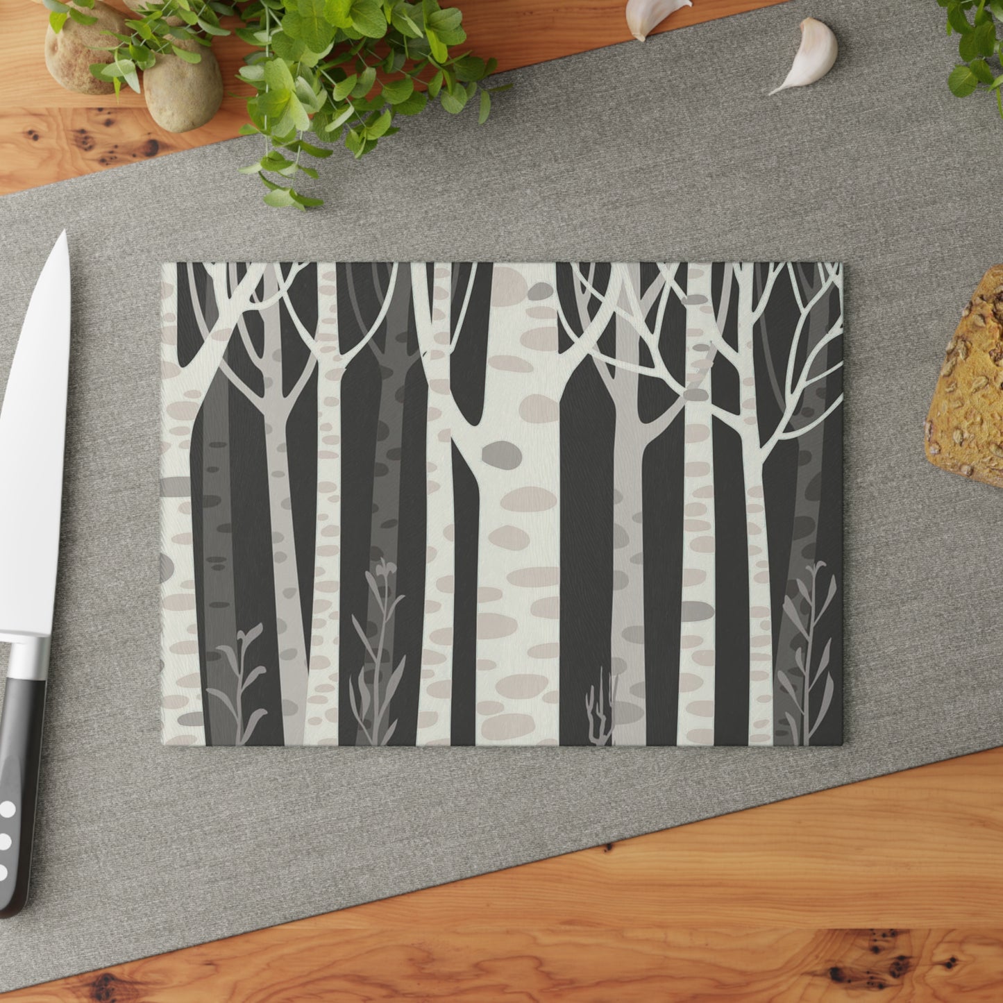 Birch Forest Glass Cutting Board – Monochrome Woodland Kitchen Decor