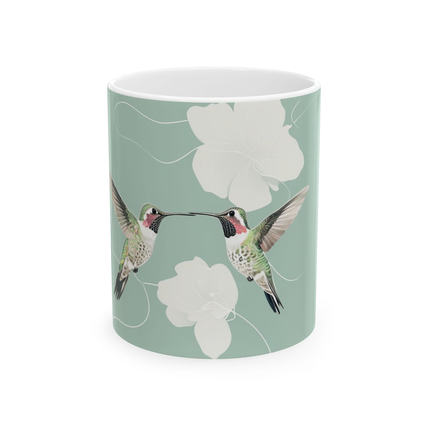 Hummingbird Floral Ceramic Mug – Botanical Mint Coffee Cup (11oz & 15oz)