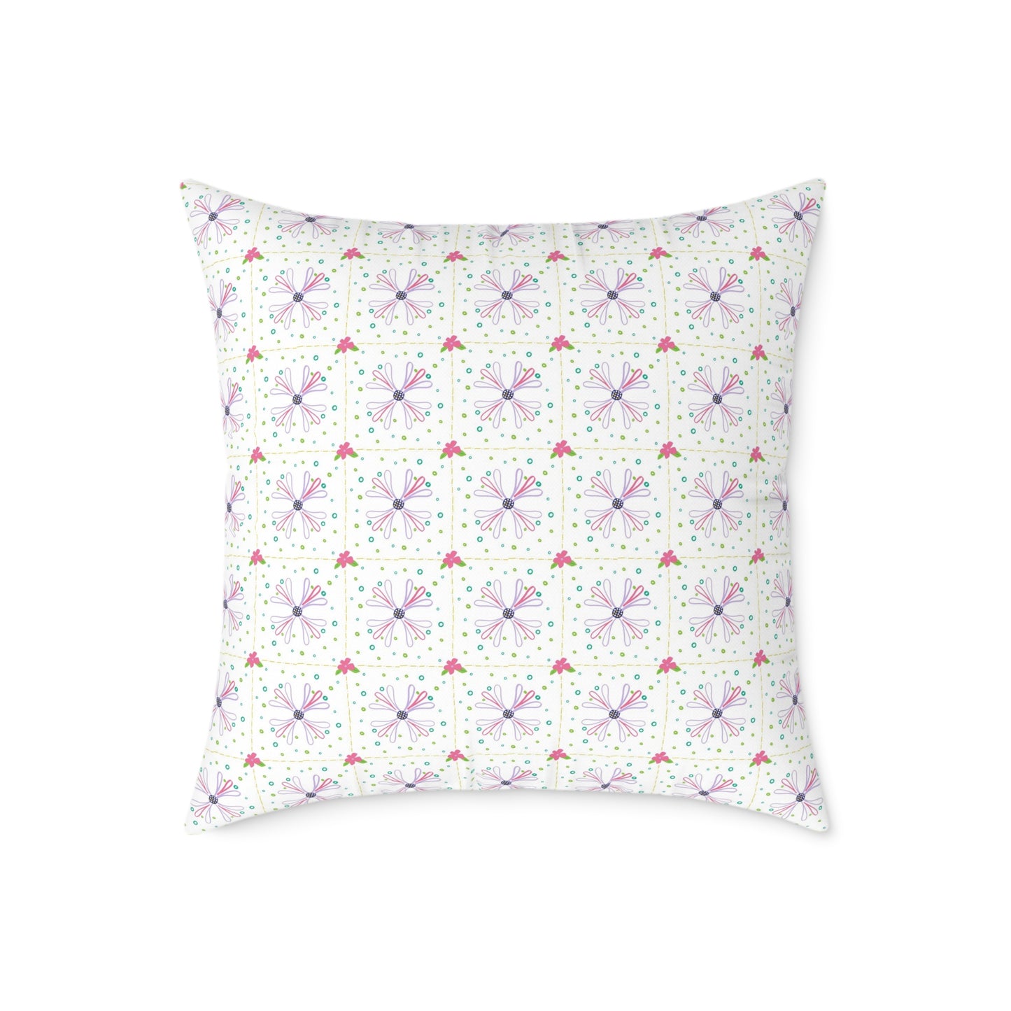 Floral Geometric Square Pillow – Pink & Lavender Patterned Throw Cushion
