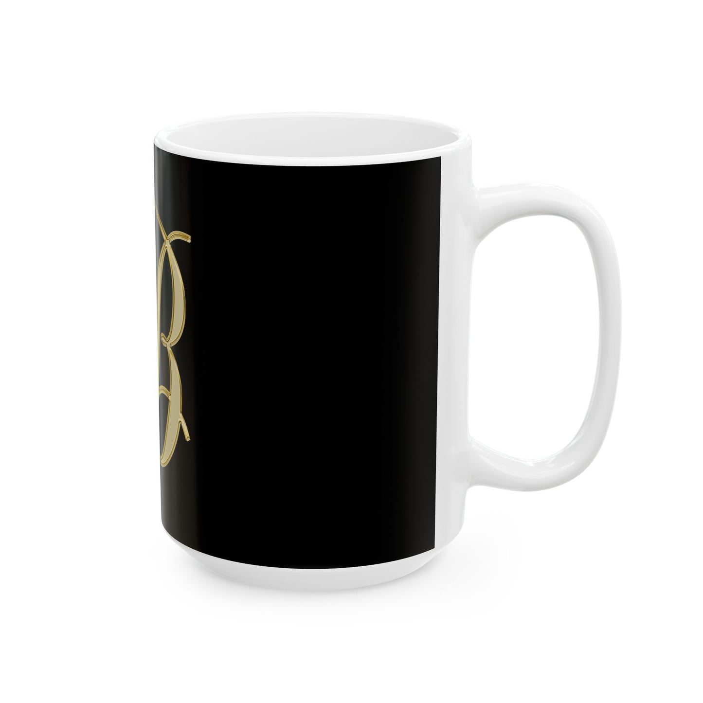 Monogram B Ceramic Mug — Elegant Gold Script Initial on Black (11oz, 15oz)
