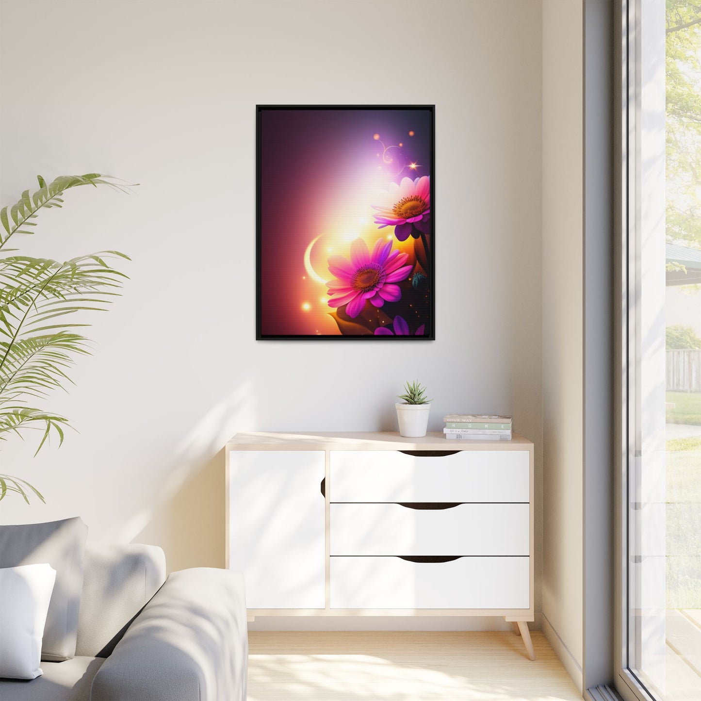 Framed Floral Canvas Art — Pink Daisies Sunset Wall Print