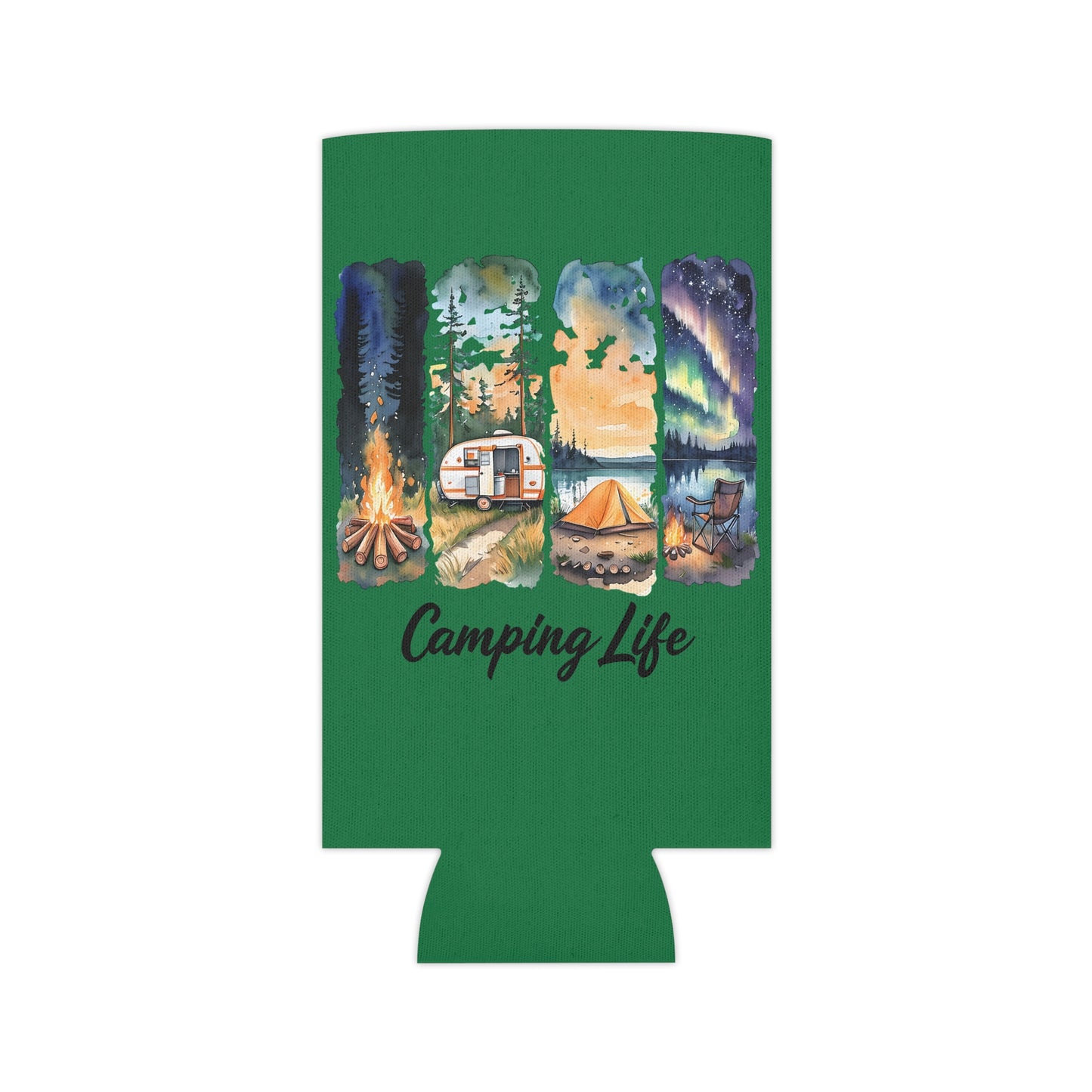 Camping Life Can Cooler – Insulated Beer Cooler with Campsite Watercolor Design