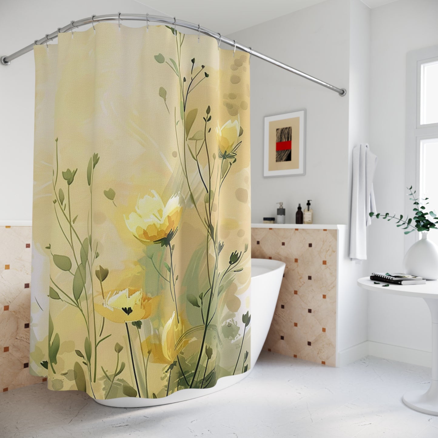 Floral Meadow Shower Curtain — Soft Yellow Wildflower Bathroom Curtain