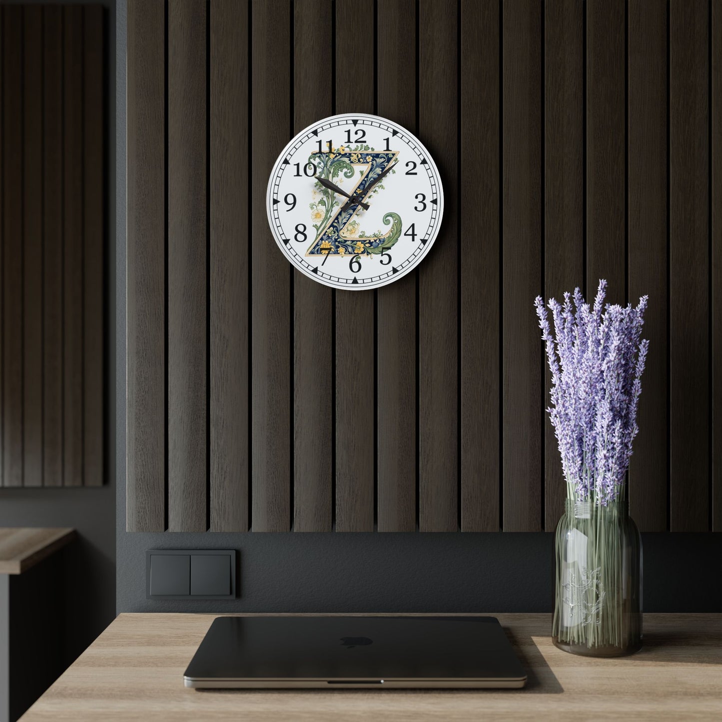 Floral Monogram "Z" Acrylic Wall Clock — Vintage Botanical Initial Clock
