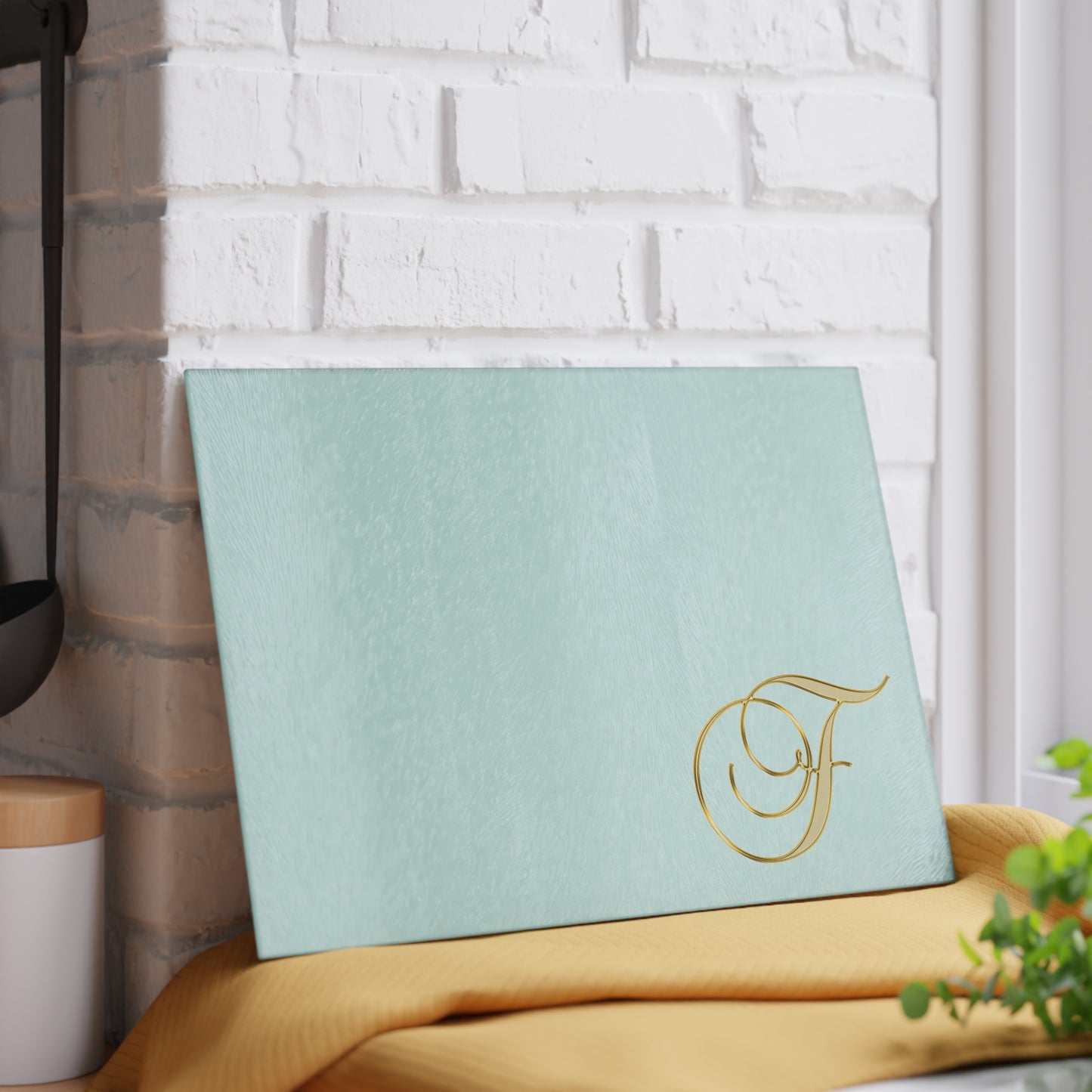 Monogram Glass Cutting Board — Elegant Gold Script "F" on Mint