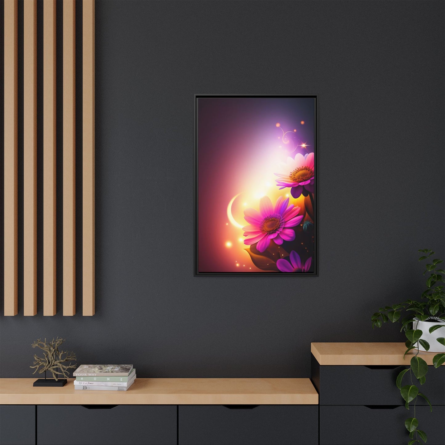 Framed Floral Canvas Art — Pink Daisies Sunset Wall Print