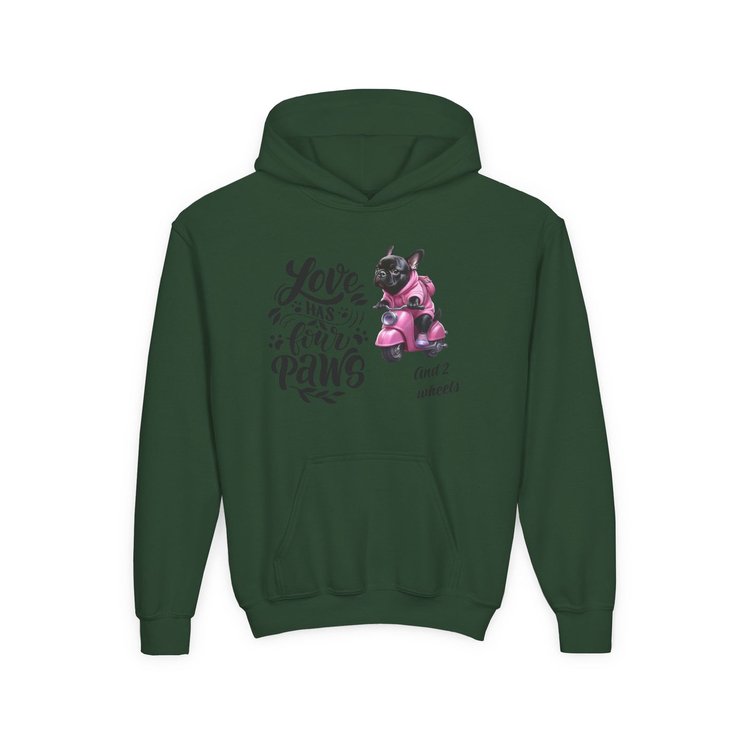 Youth Hoodie — "Love Has Four Paws" Pink Scooter French Bulldog Graphic