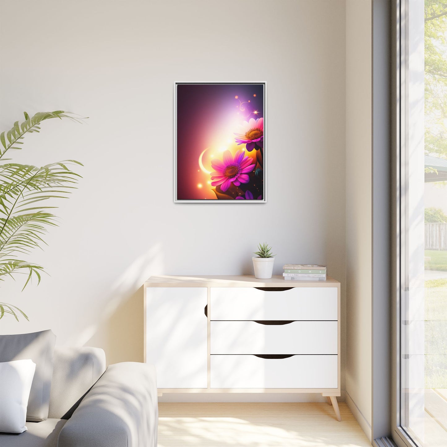 Framed Floral Canvas Art — Pink Daisies Sunset Wall Print